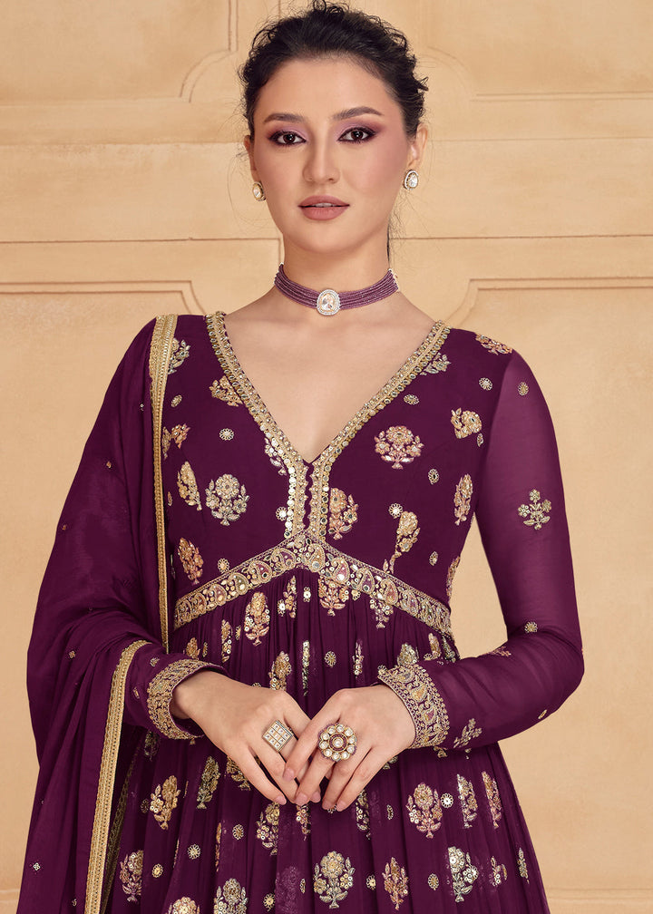 Sangria Purple Designer Embroidered Anarkali Suit