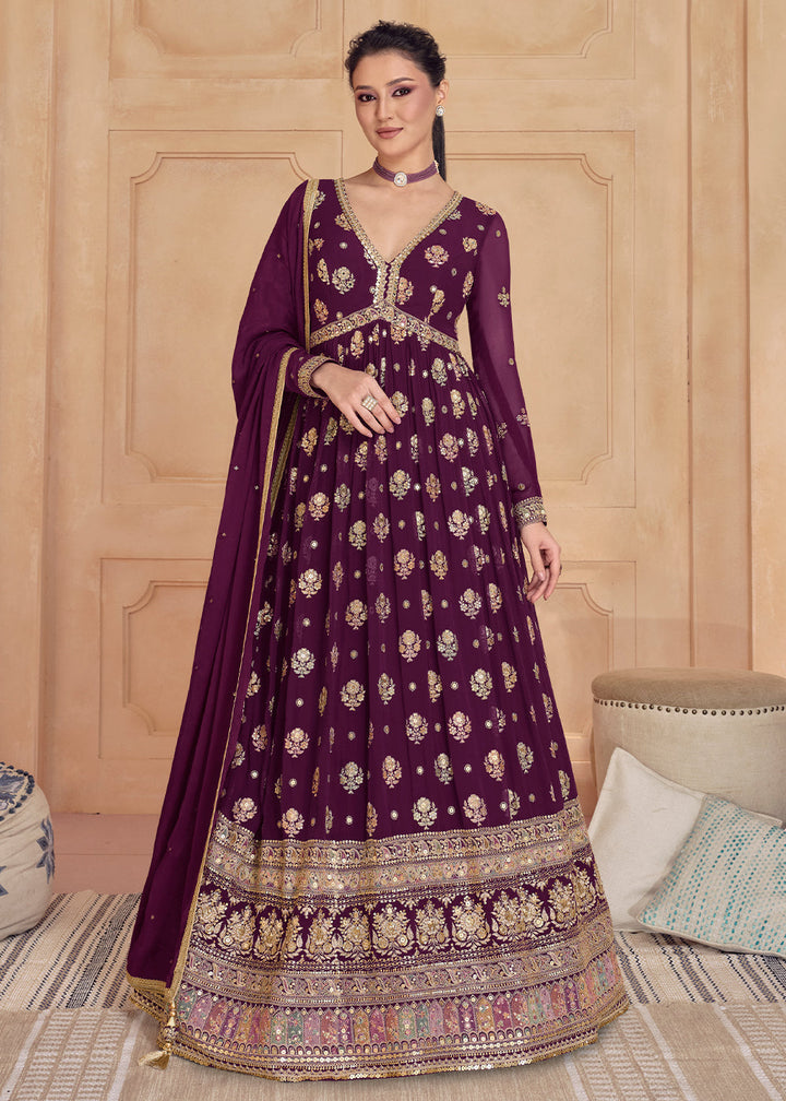 Sangria Purple Designer Embroidered Anarkali Suit