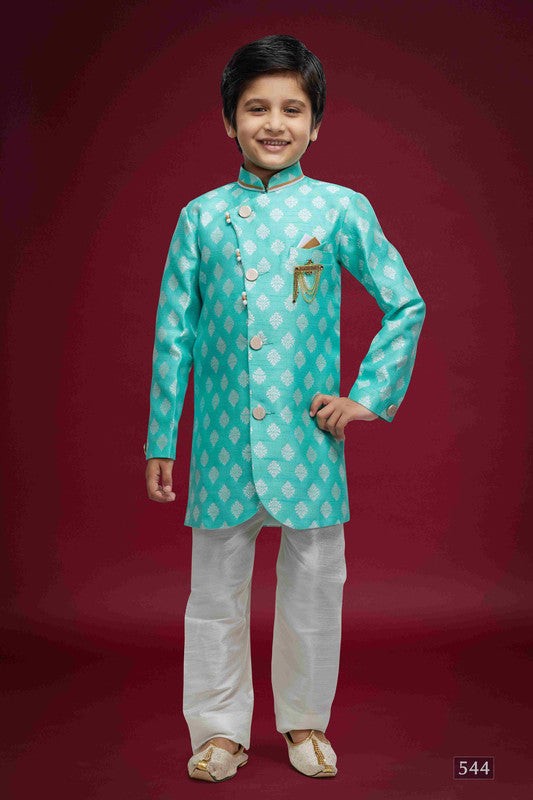 Boy's Sky Blue Banarasi Jacquard Woven Work Indo Western Set