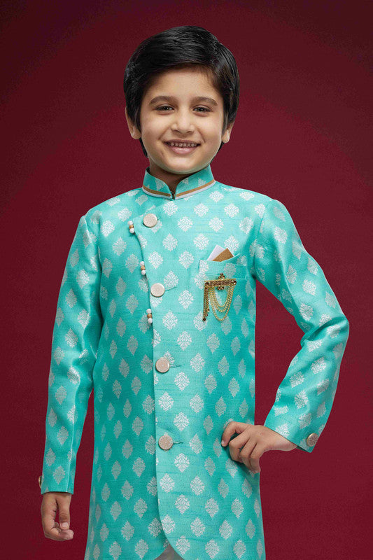 Boy's Sky Blue Banarasi Jacquard Woven Work Indo Western Set