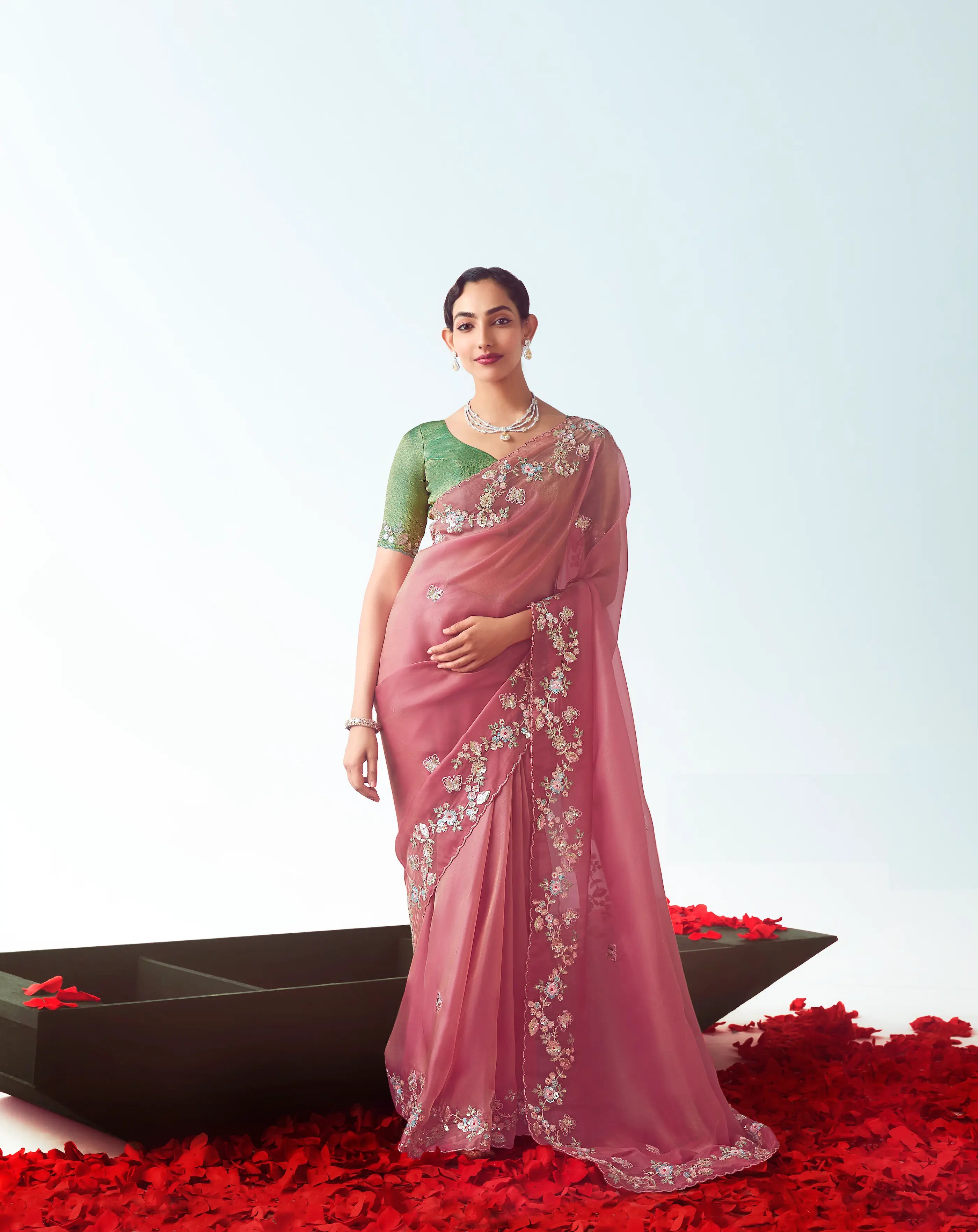 Dusty Pink Party Wear Saree With Embroidery & Hand Work - qivii