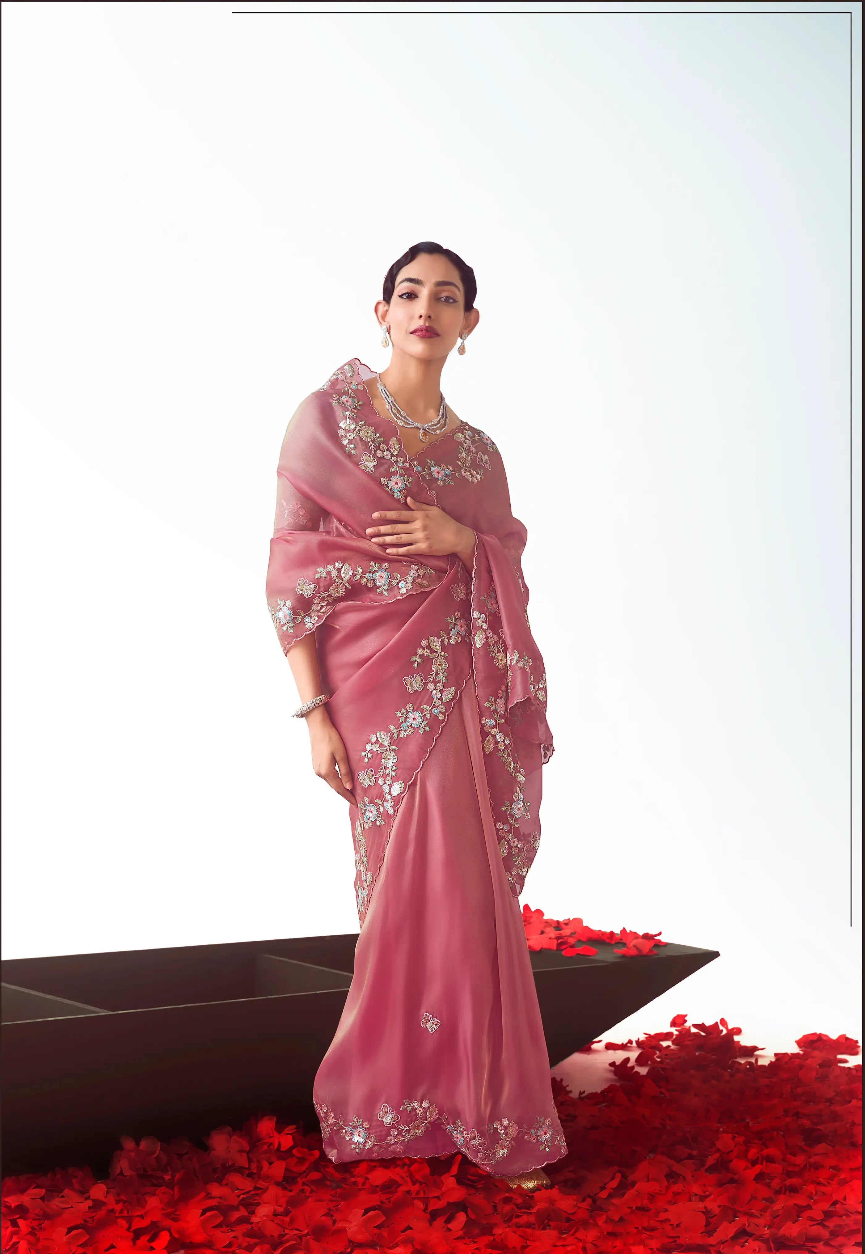 Dusty Pink Party Wear Saree With Embroidery & Hand Work - qivii