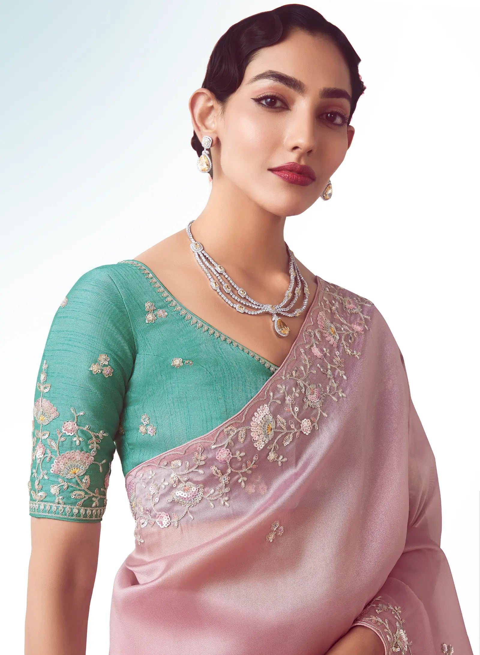 Blossom Pink Party Wear Saree With Embroidery & Hand Work - qivii