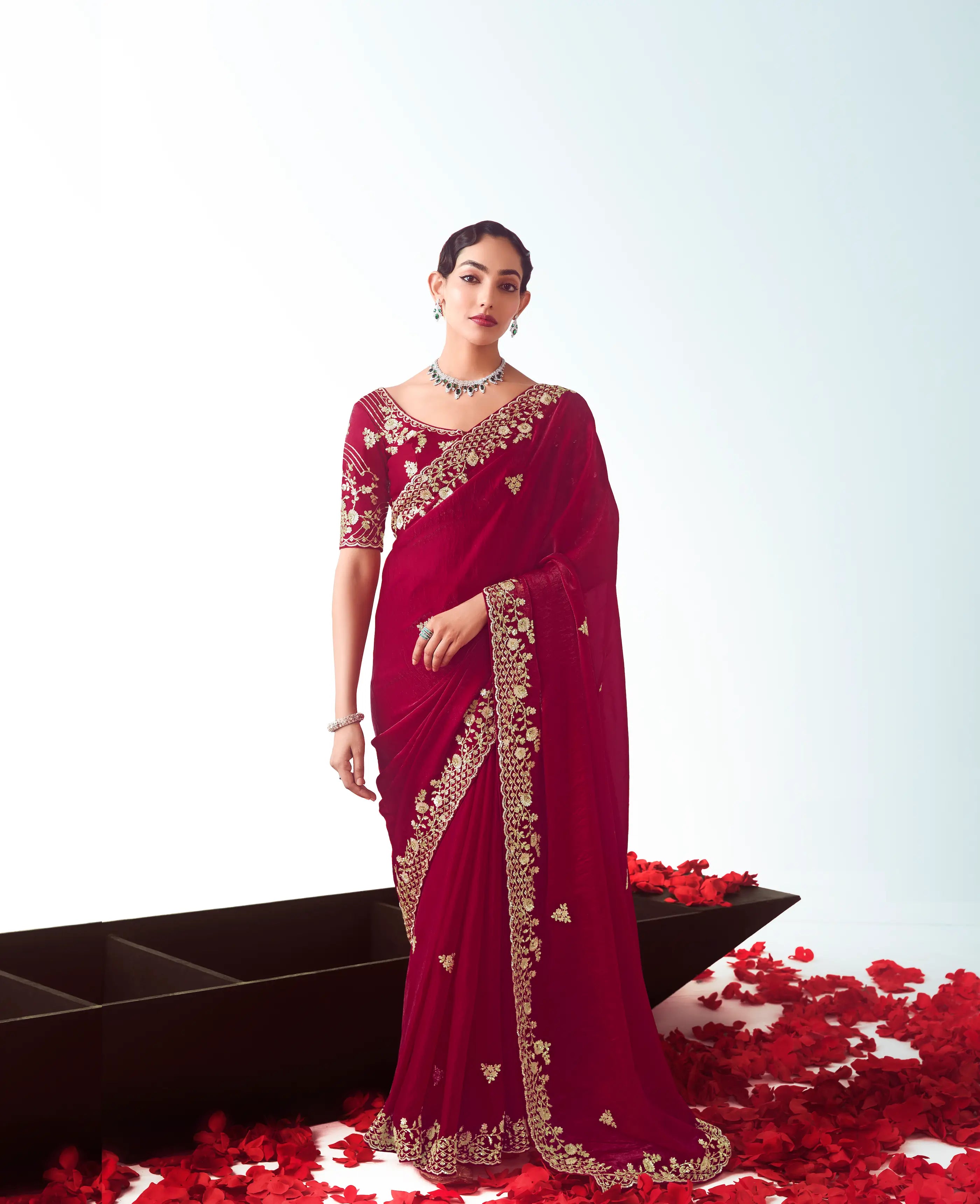 Paprika Red Party Wear Saree With Embroidery & Hand Work - qivii