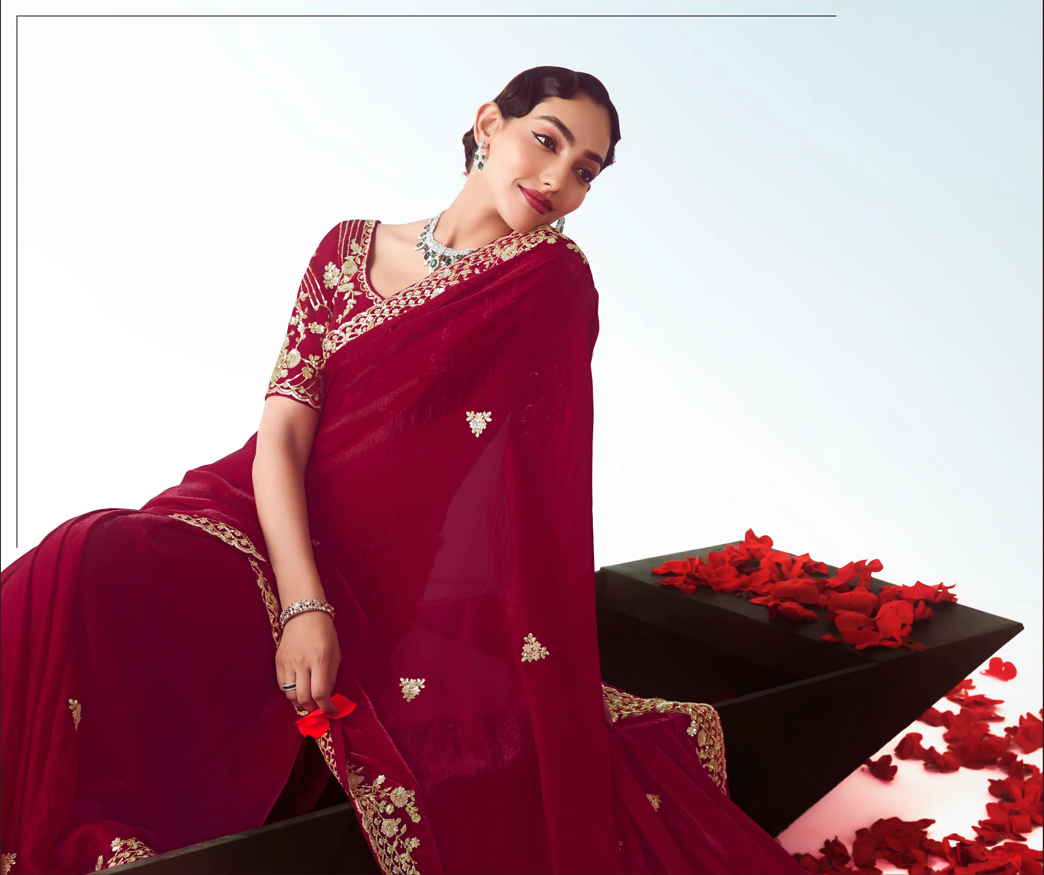 Paprika Red Party Wear Saree With Embroidery & Hand Work - qivii