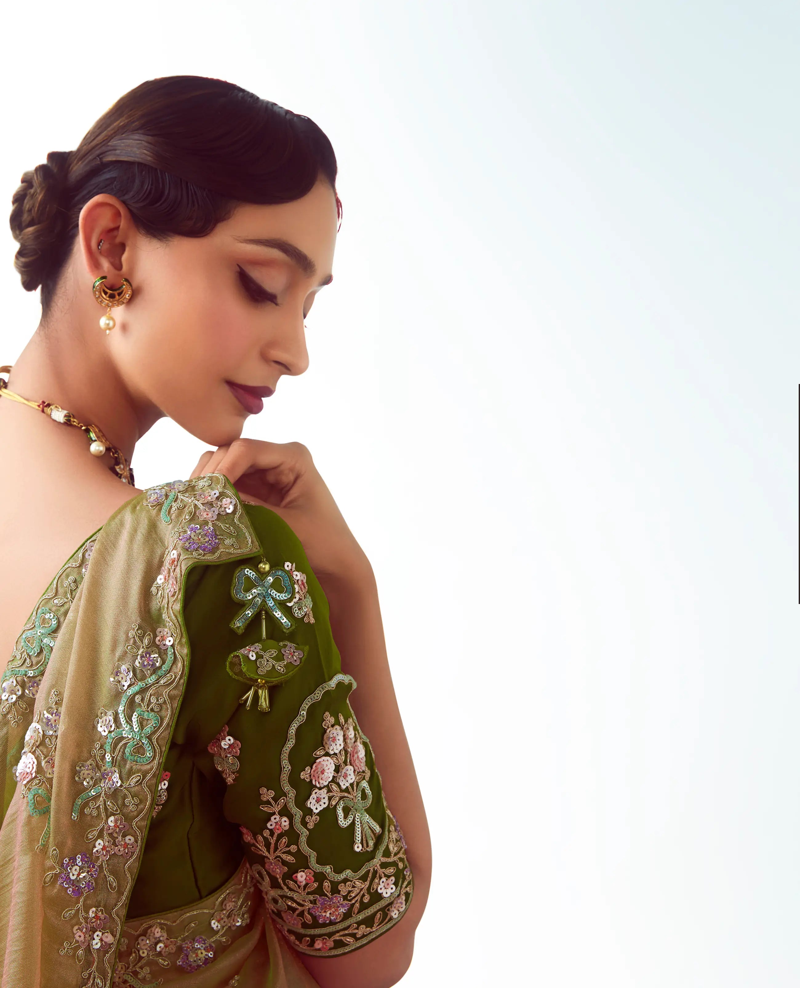 Sand Brown Party Wear Saree With Embroidery & Hand Work - qivii