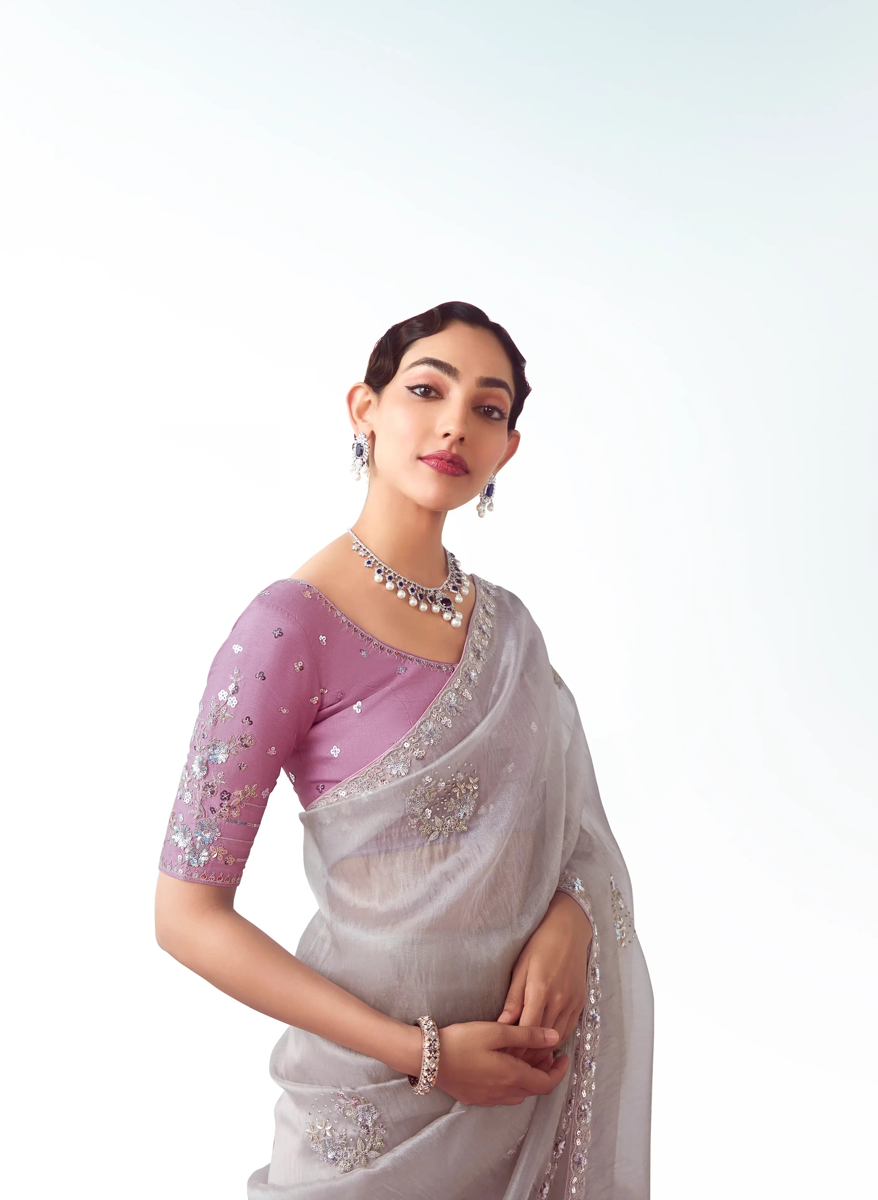 Silver Grey Party Wear Saree With Embroidery & Hand Work - qivii