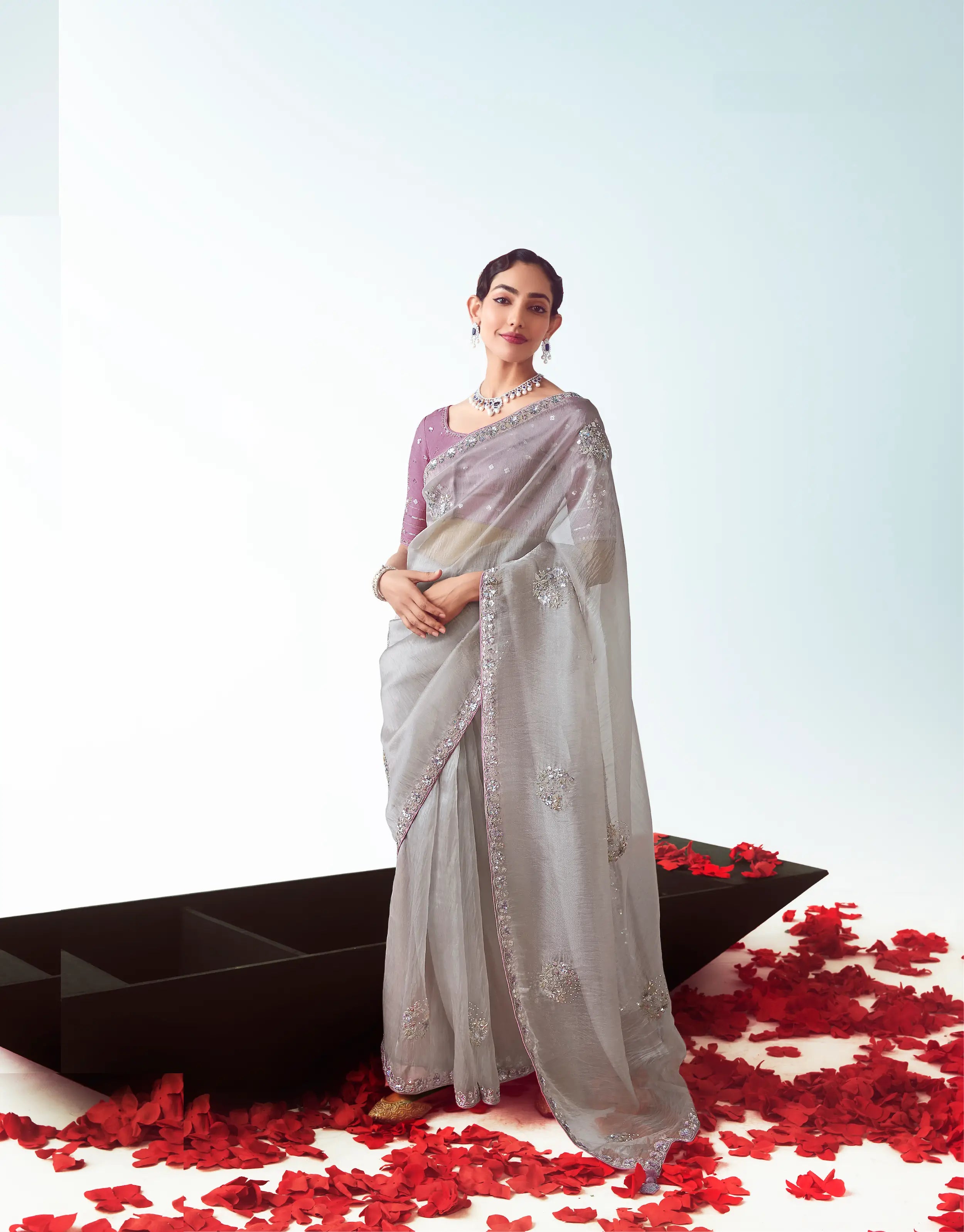 Silver Grey Party Wear Saree With Embroidery & Hand Work - qivii