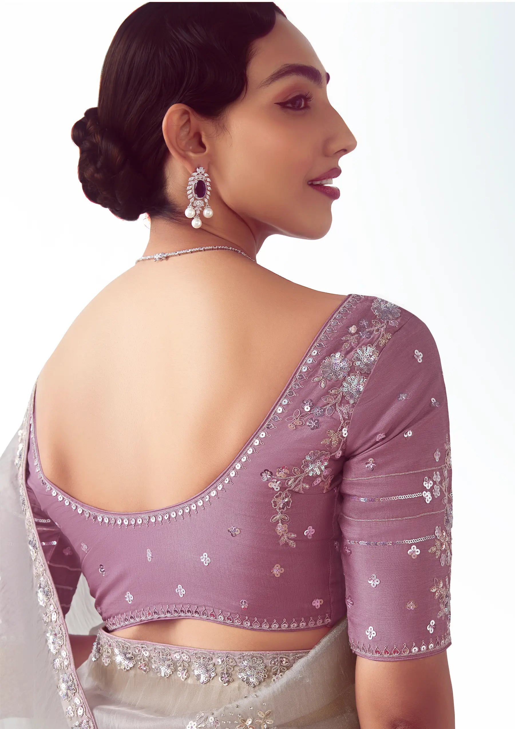 Silver Grey Party Wear Saree With Embroidery & Hand Work - qivii