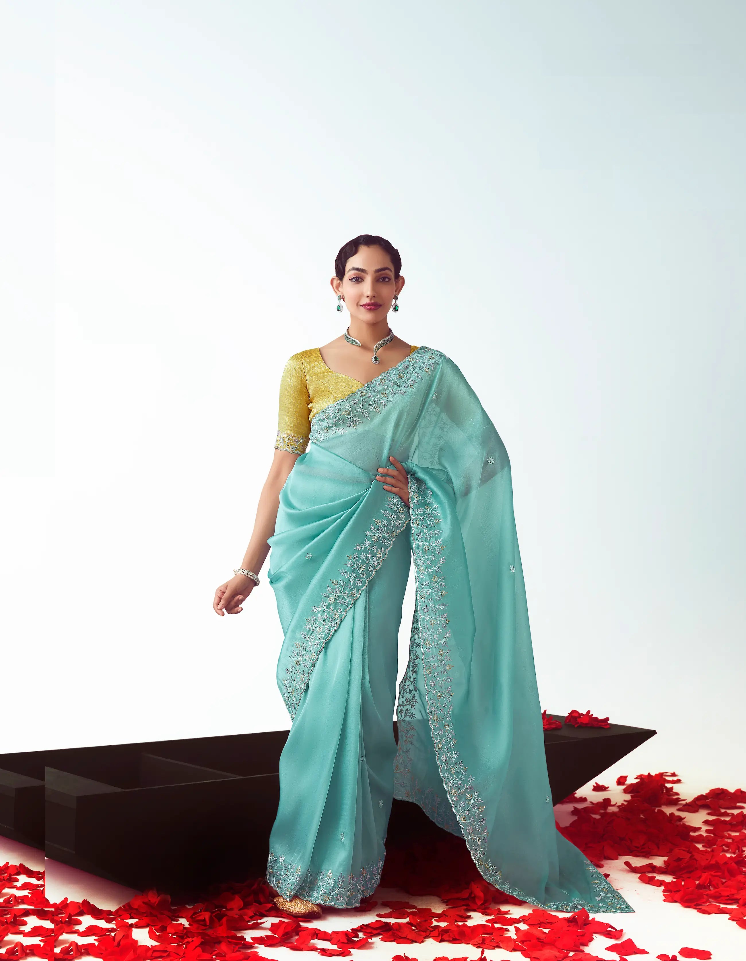 Cyan Blue Party Wear Saree With Embroidery & Hand Work - qivii