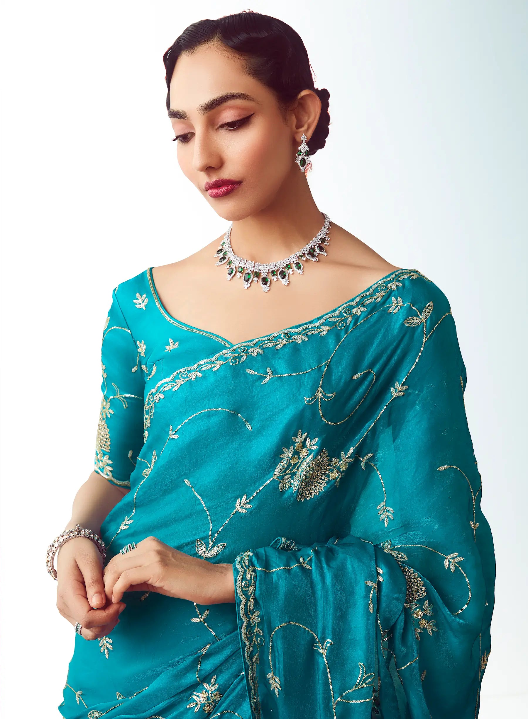 Teal Blue Party Wear Saree With Embroidery & Hand Work - qivii