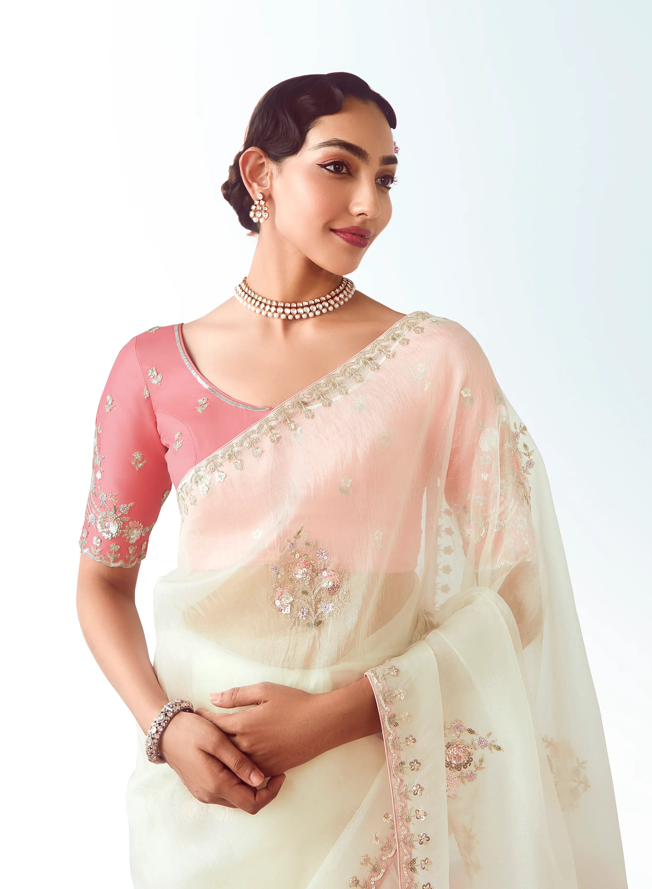 Pearl White Party Wear Saree With Embroidery & Hand Work - qivii