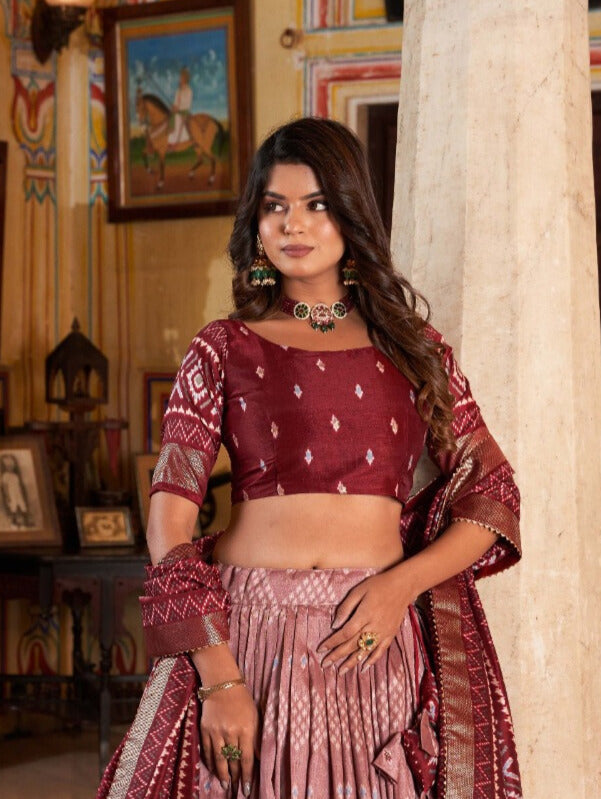 Tussar Silk Dot and Ikkat Print With foil work Lehenga Choli in Maroon Color