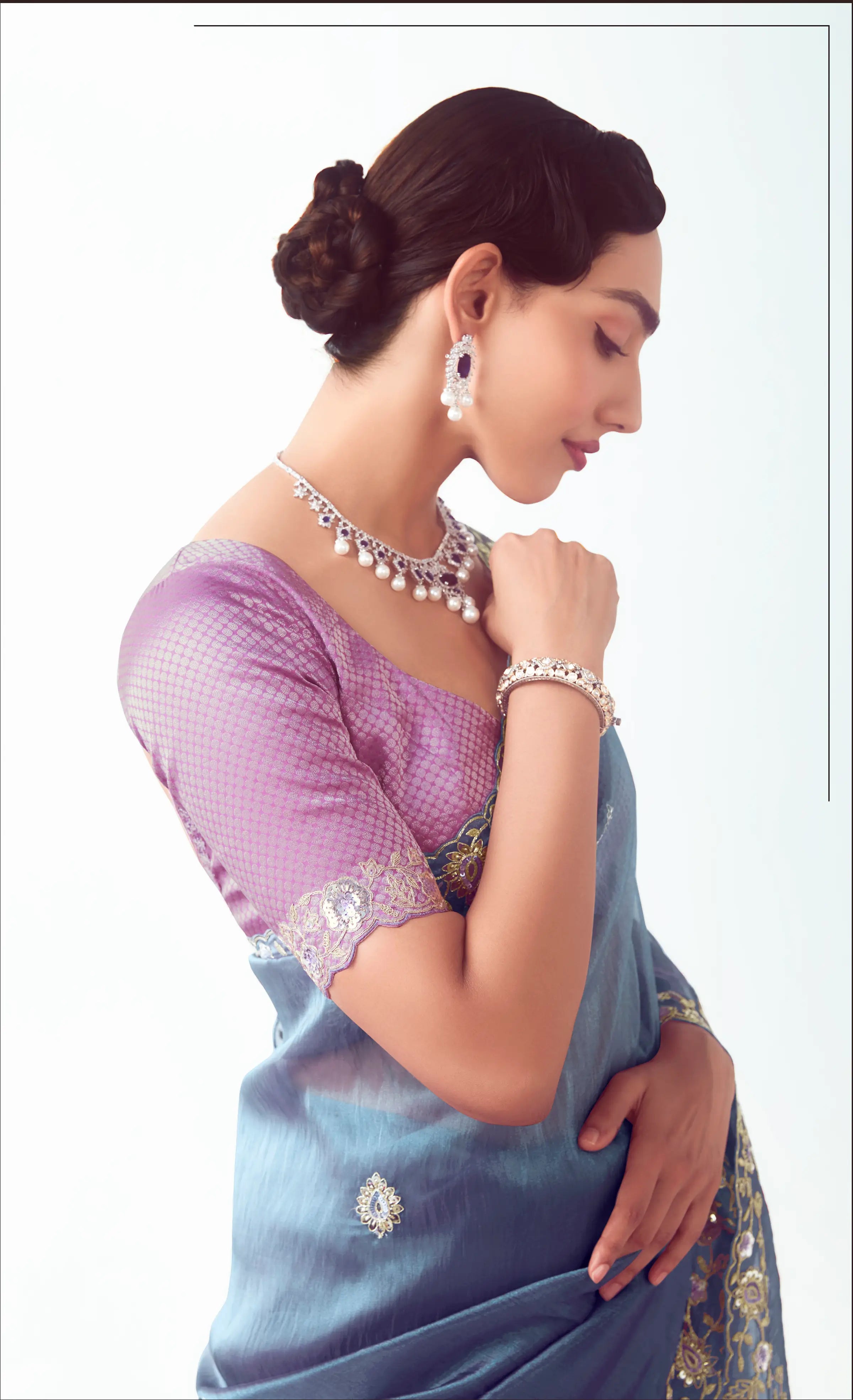 Bluish Grey Party Wear Saree With Embroidery & Hand Work - qivii