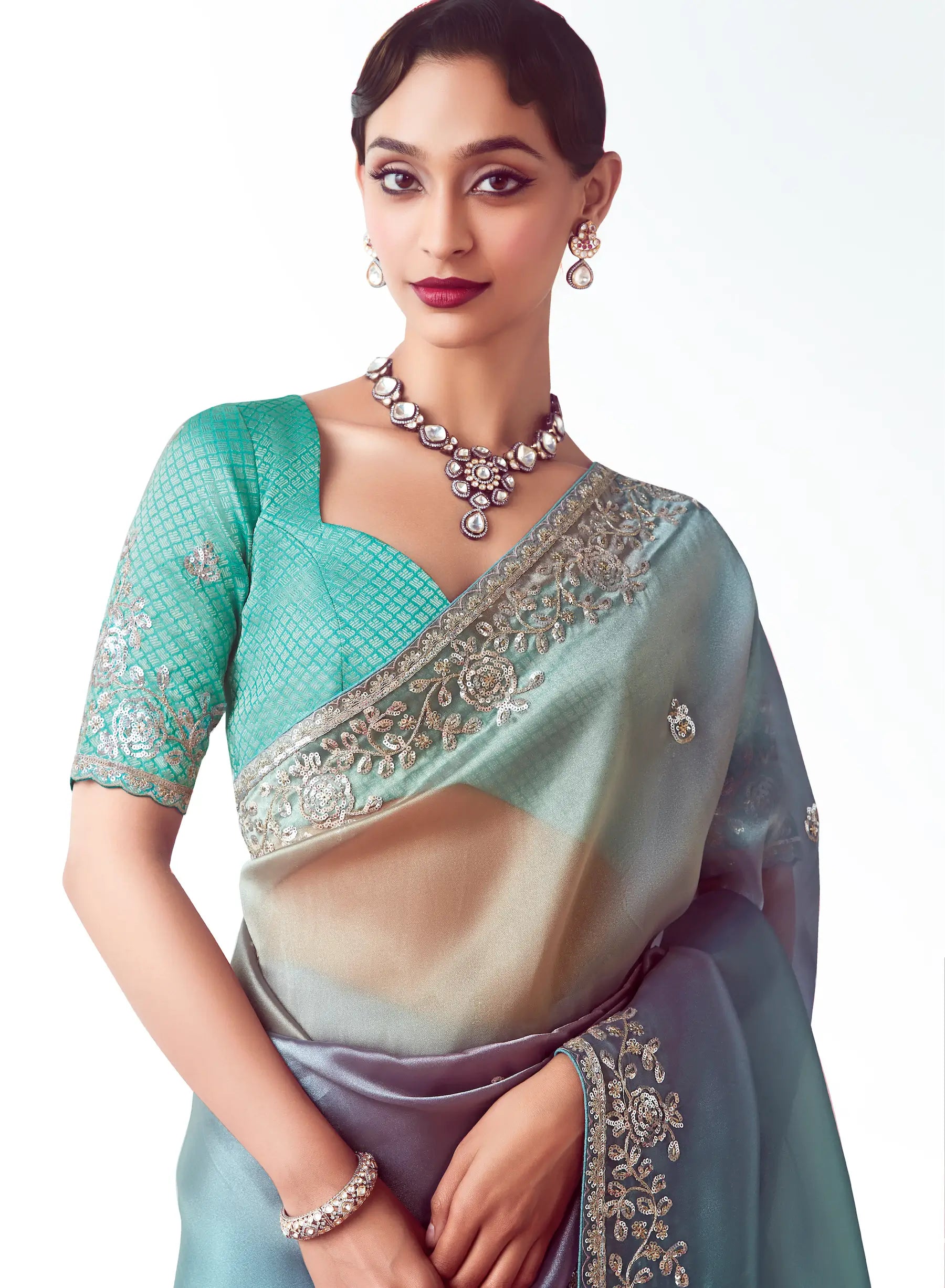 Blue Multicolor Party Wear Saree With Embroidery & Hand Work - qivii