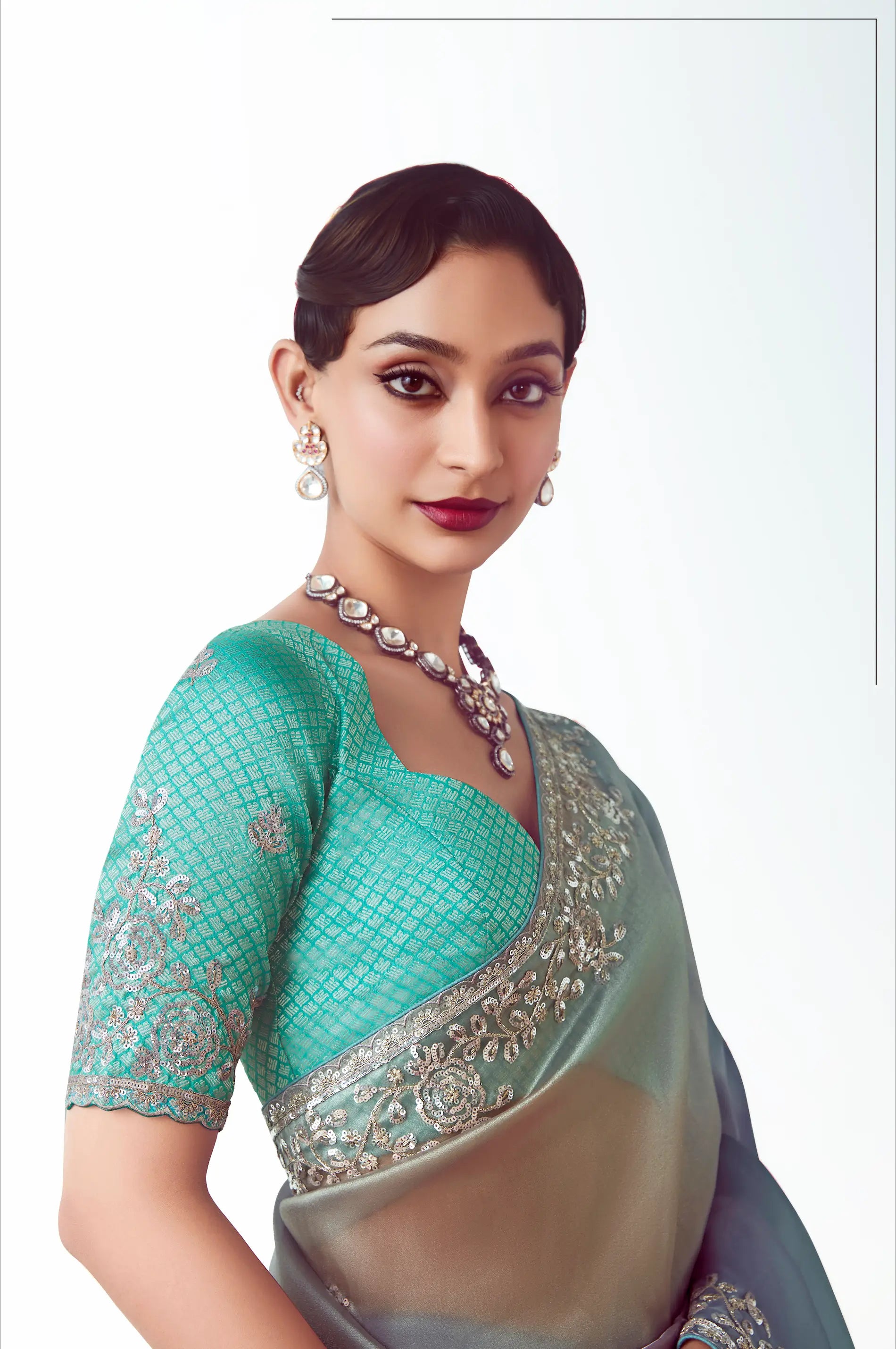 Blue Multicolor Party Wear Saree With Embroidery & Hand Work - qivii