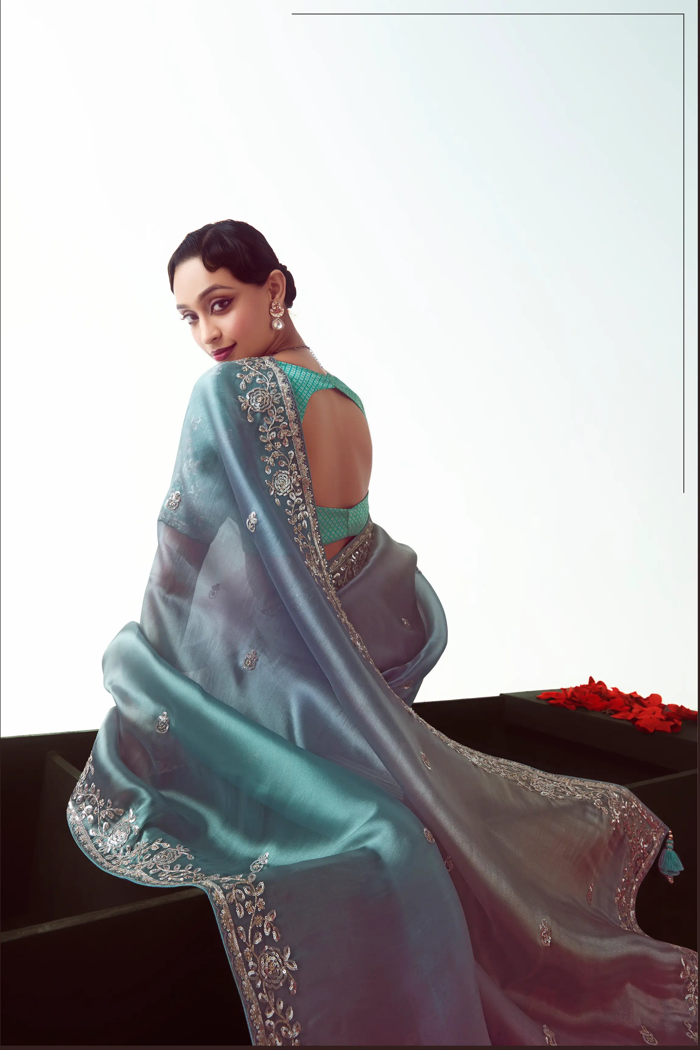 Blue Multicolor Party Wear Saree With Embroidery & Hand Work - qivii