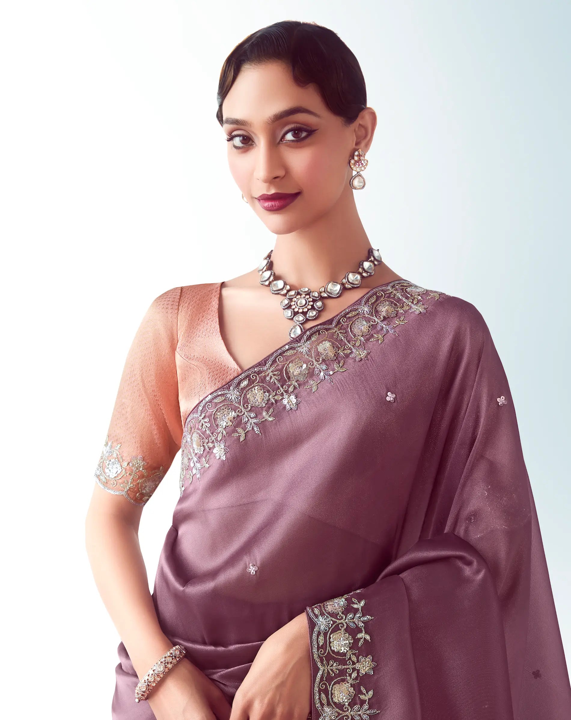 Dark Mauve Party Wear Saree With Embroidery & Hand Work - qivii
