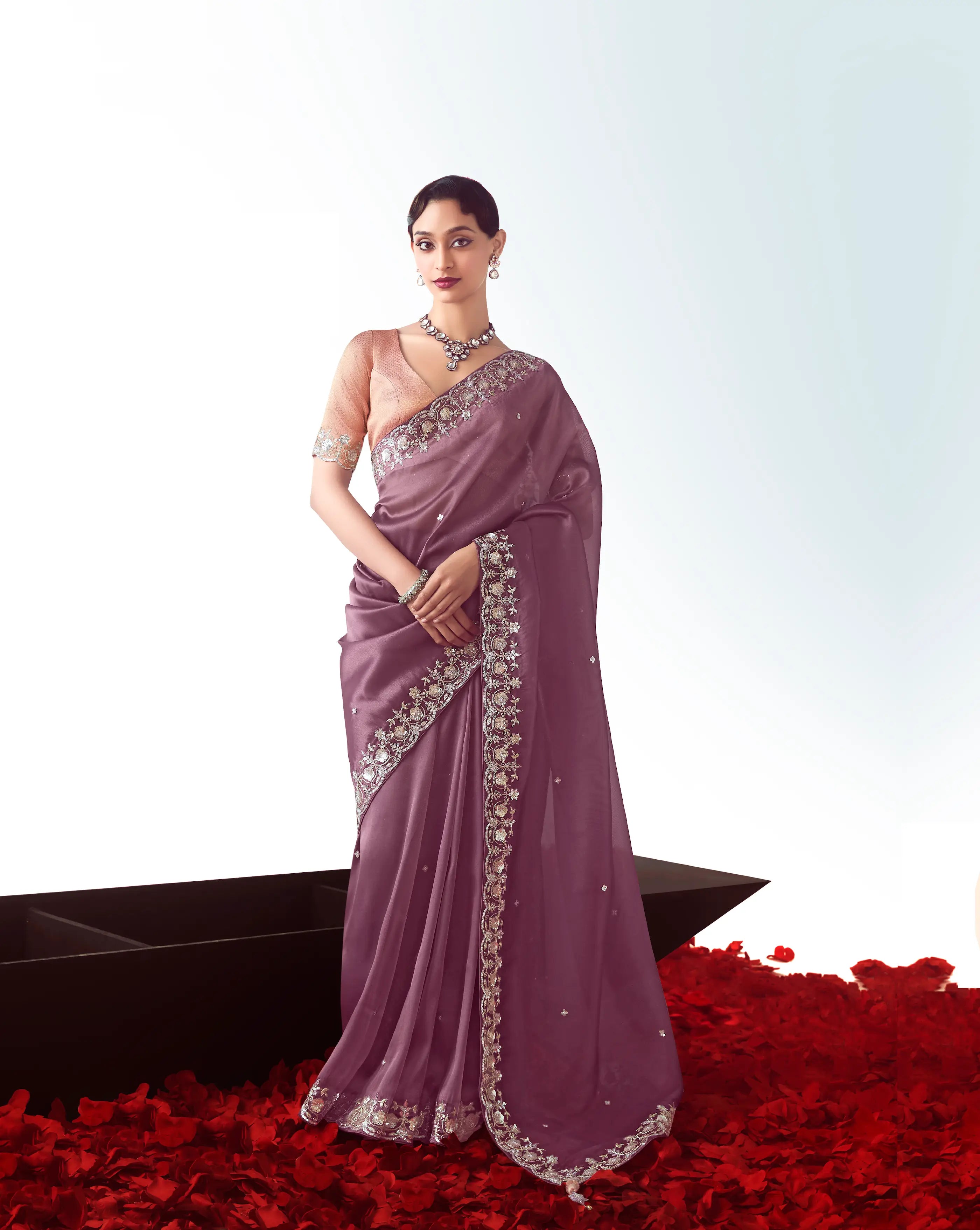 Dark Mauve Party Wear Saree With Embroidery & Hand Work - qivii