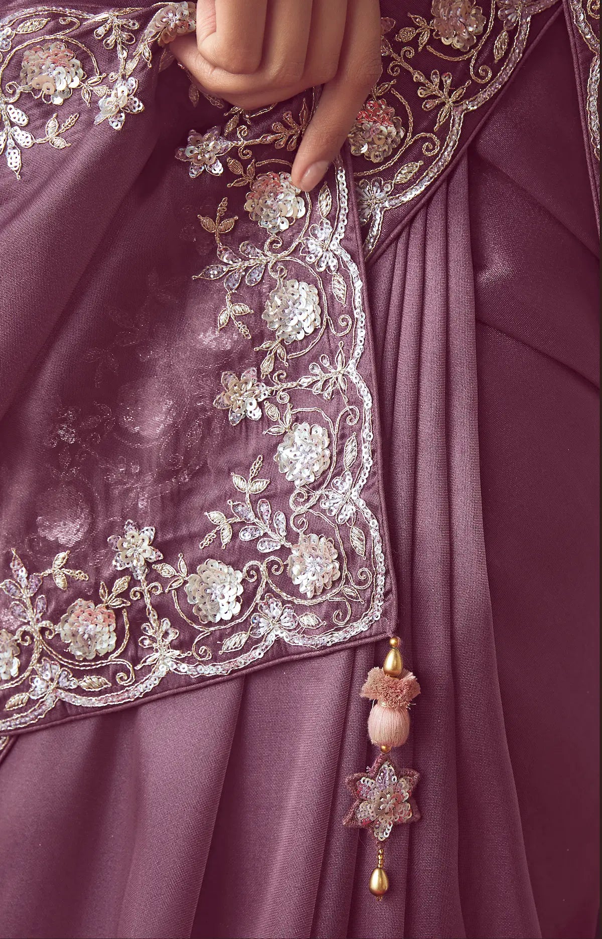 Dark Mauve Party Wear Saree With Embroidery & Hand Work - qivii
