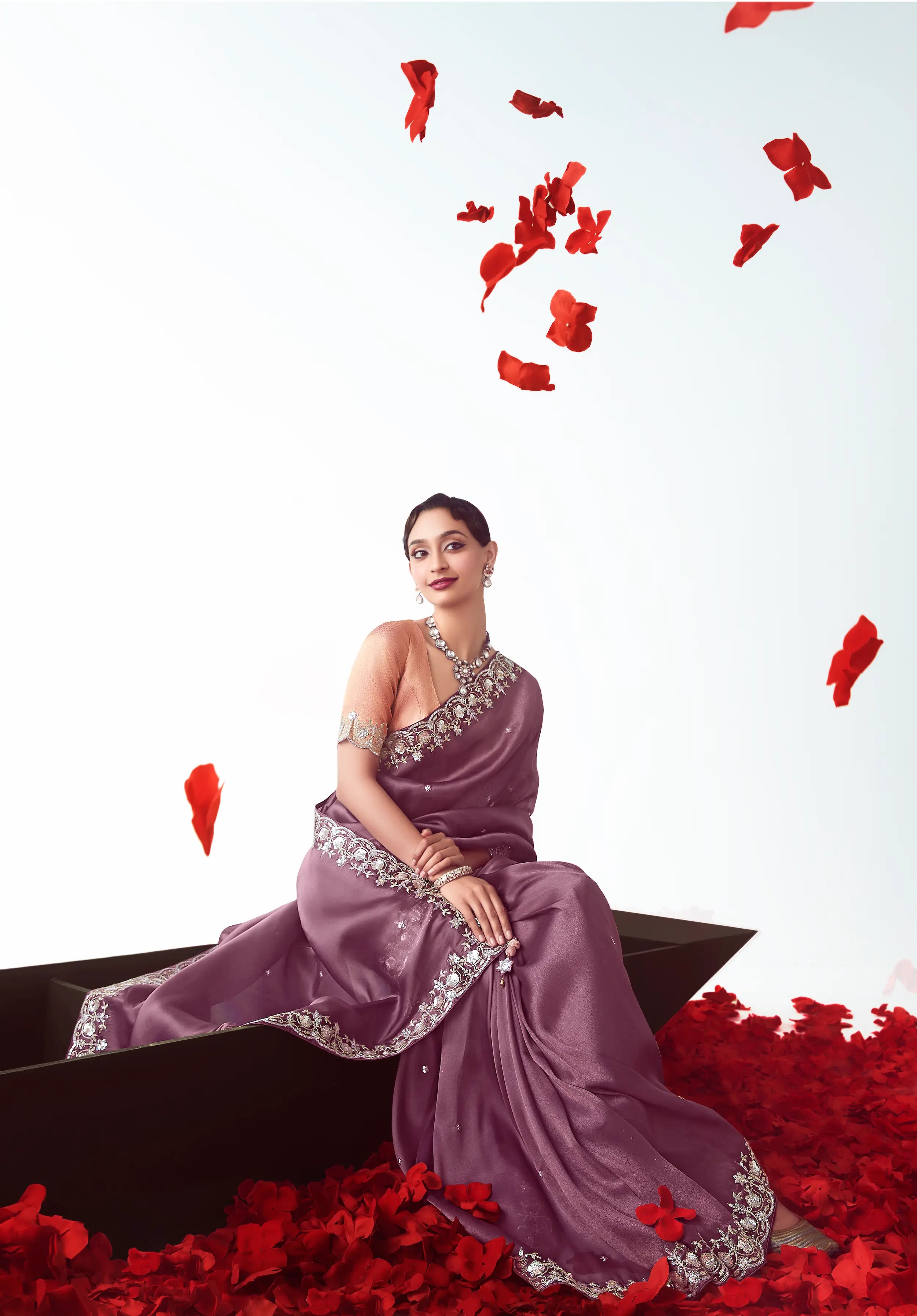 Dark Mauve Party Wear Saree With Embroidery & Hand Work - qivii