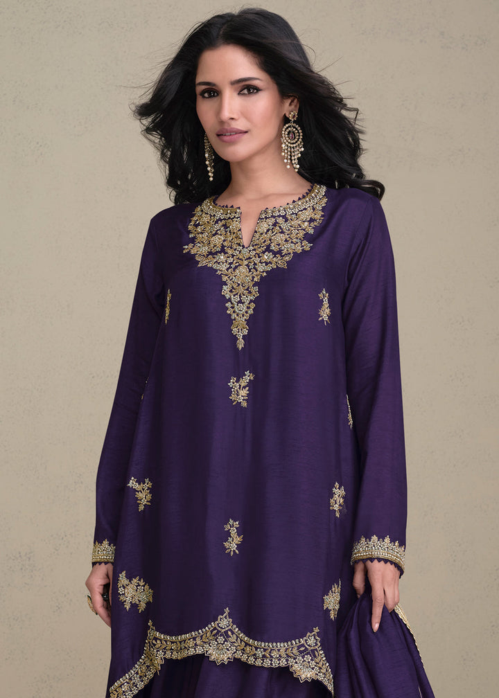 Indigo Purple Silk Embroidered Designer Suit