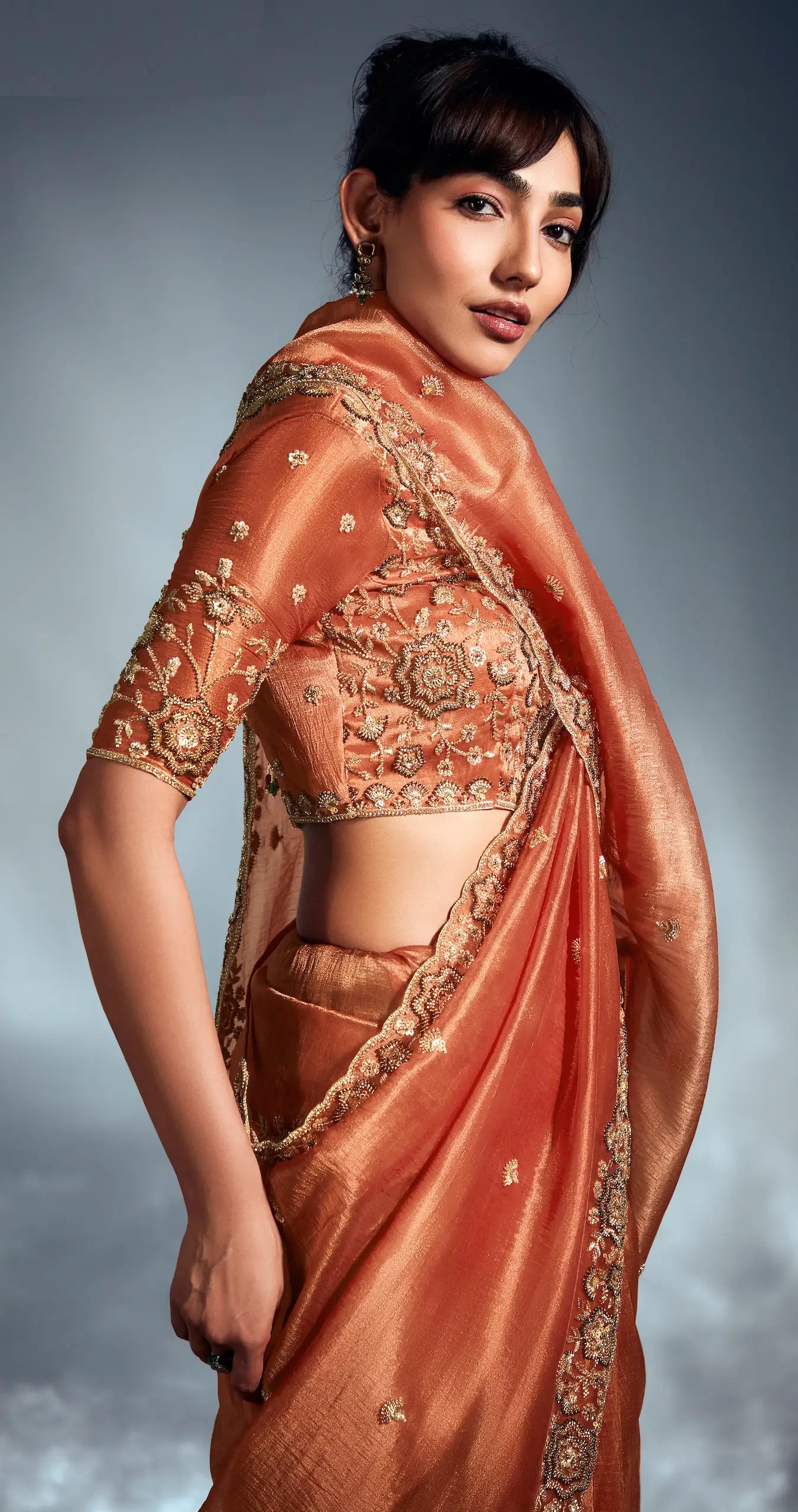 Rust Orange Organza Tissue Khatli Work Saree - qivii