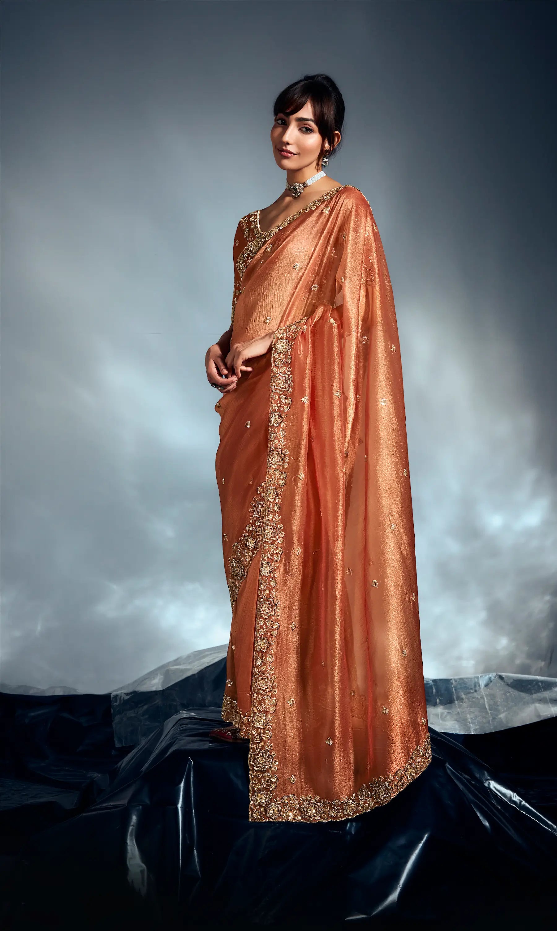 Rust Orange Organza Tissue Khatli Work Saree - qivii