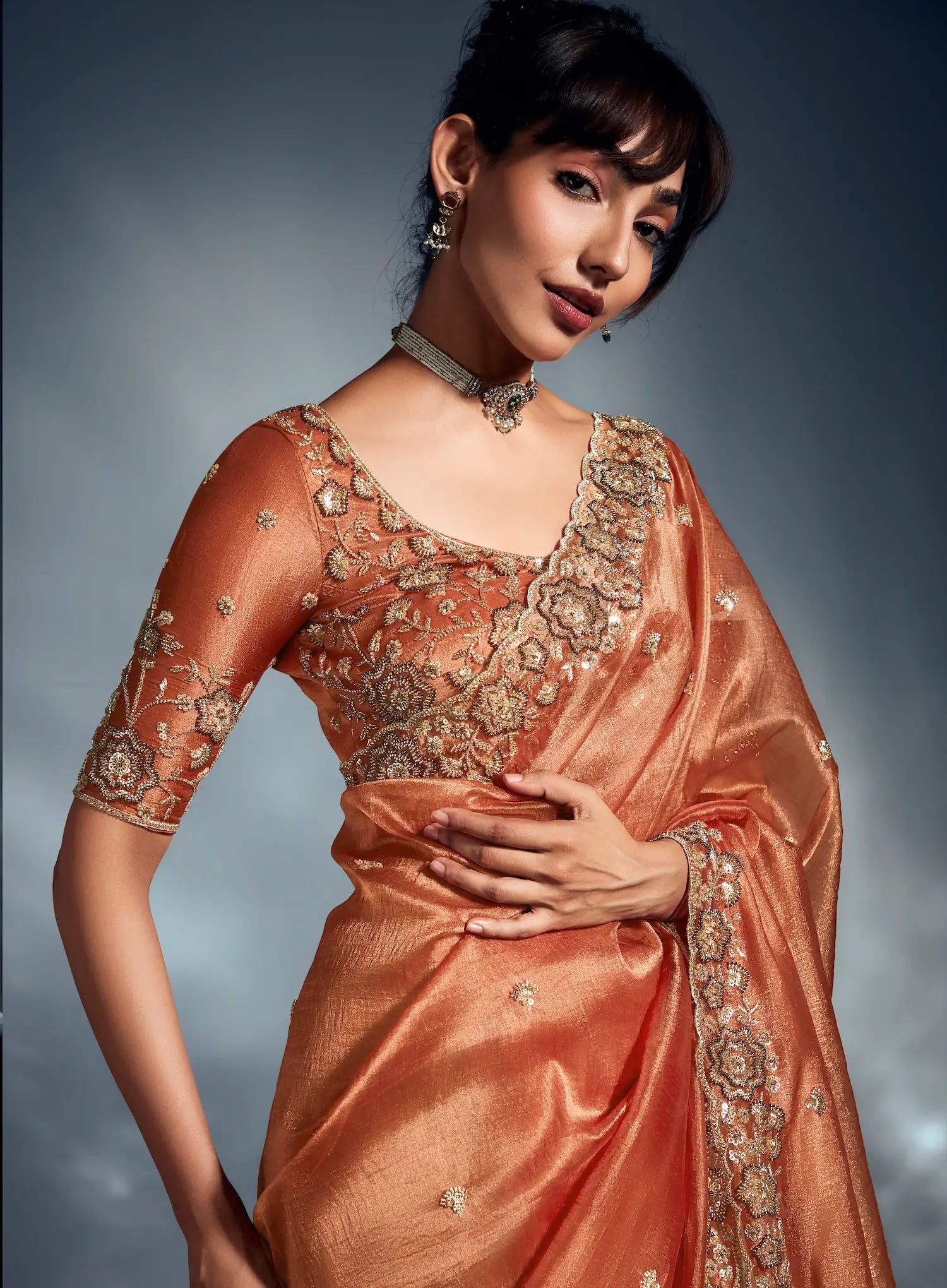 Rust Orange Organza Tissue Khatli Work Saree - qivii