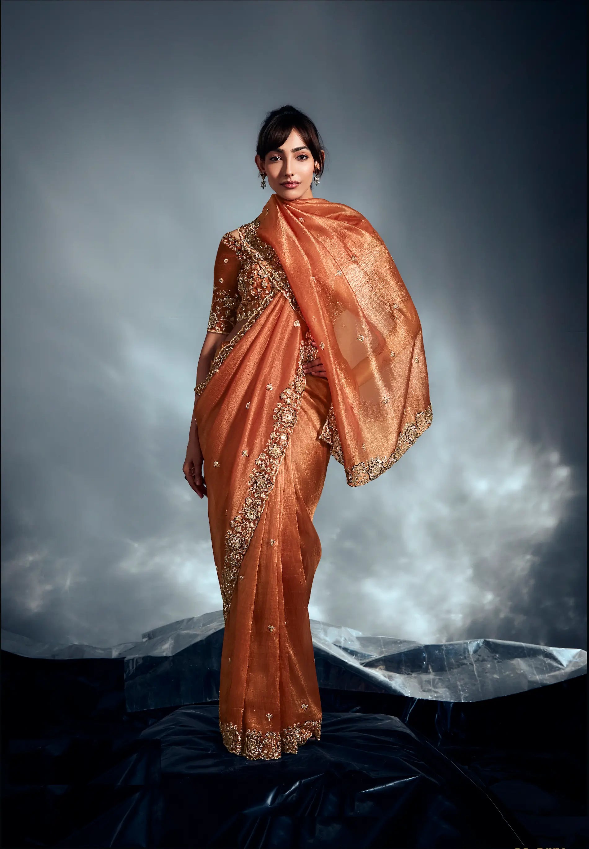 Rust Orange Organza Tissue Khatli Work Saree - qivii