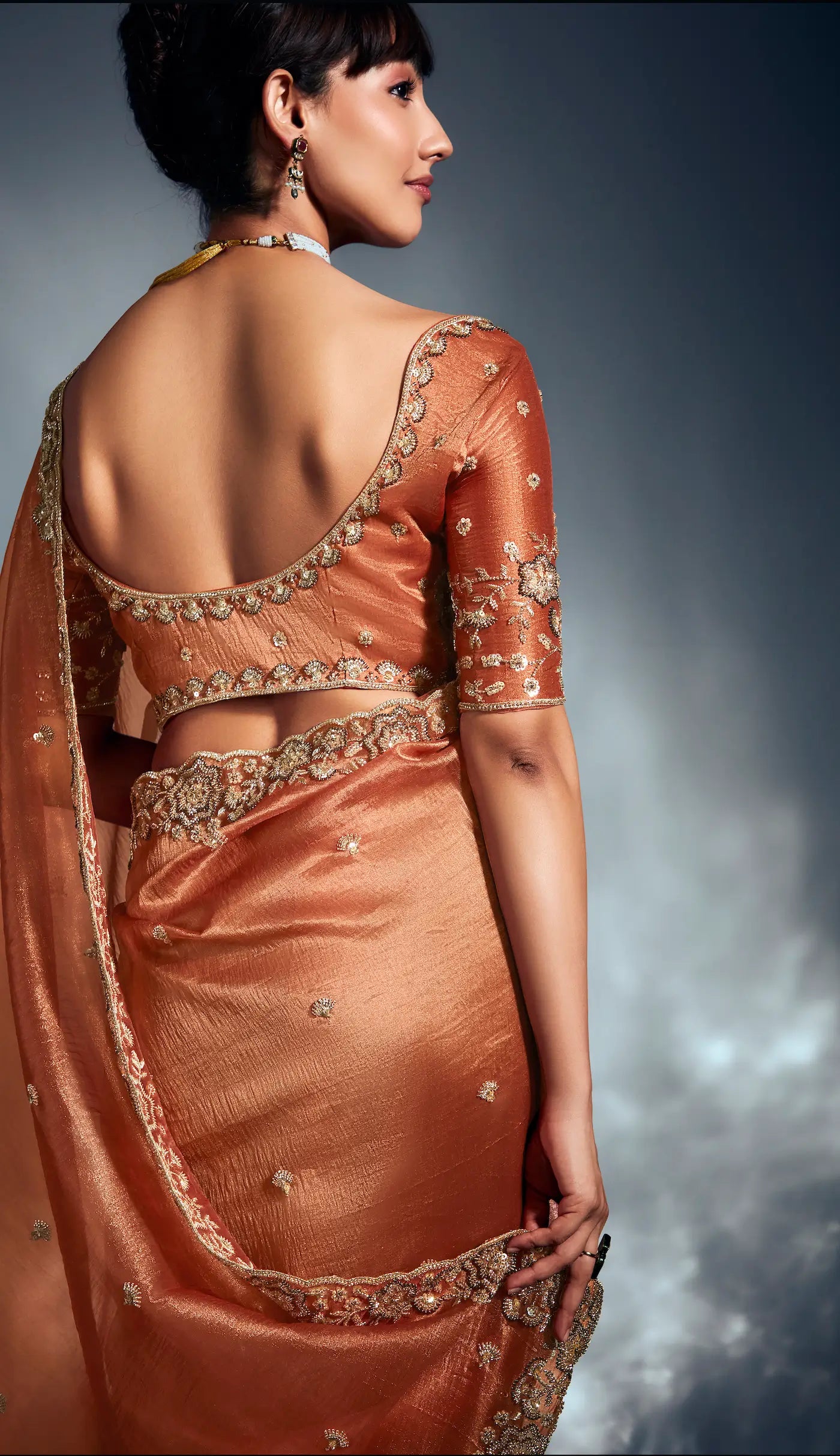 Rust Orange Organza Tissue Khatli Work Saree - qivii