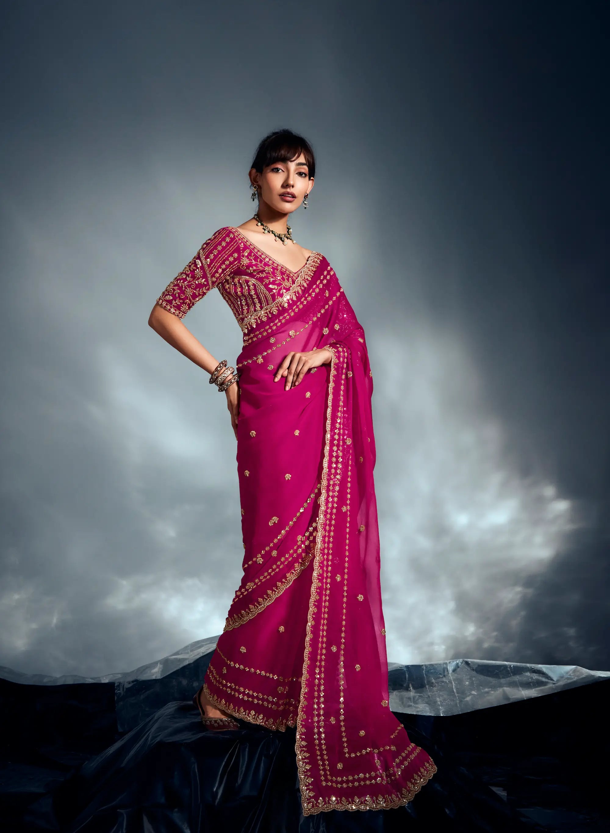 Hot Pink Organza Tissue Khatli Work Saree - qivii