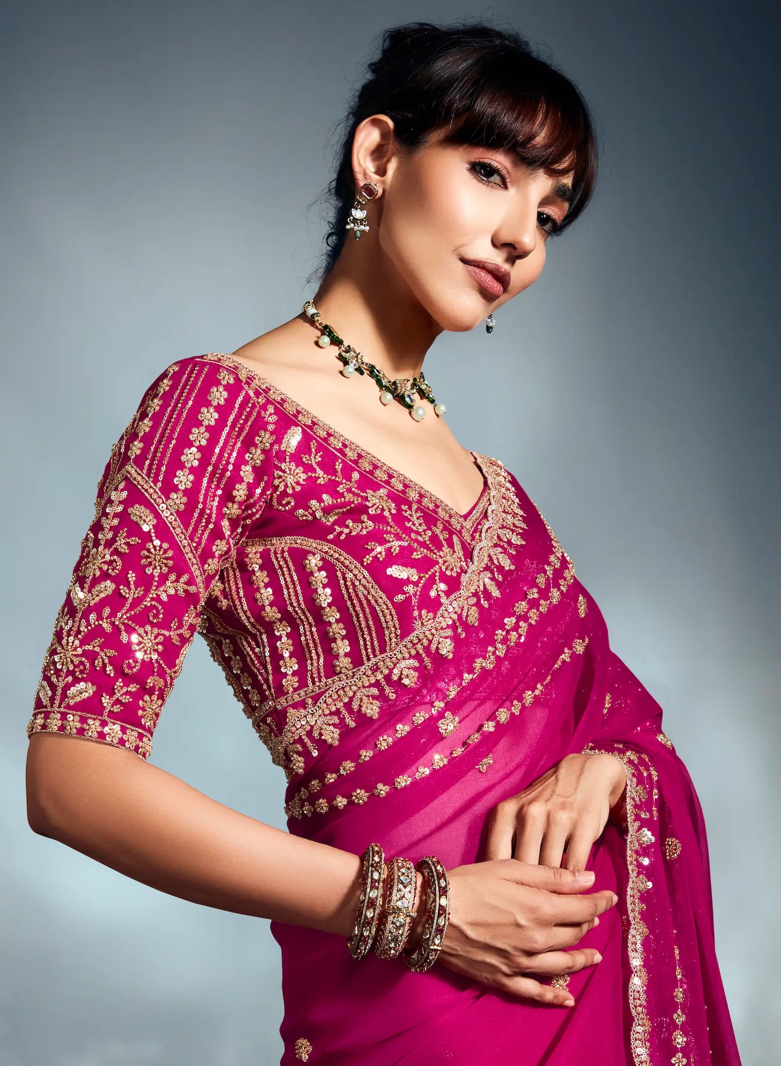 Hot Pink Organza Tissue Khatli Work Saree - qivii