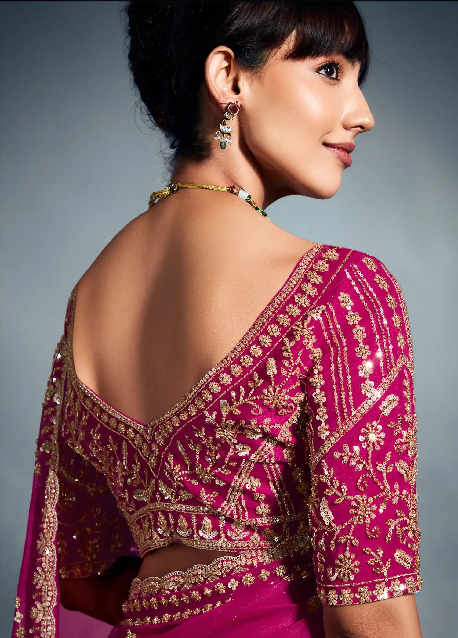 Hot Pink Organza Tissue Khatli Work Saree - qivii