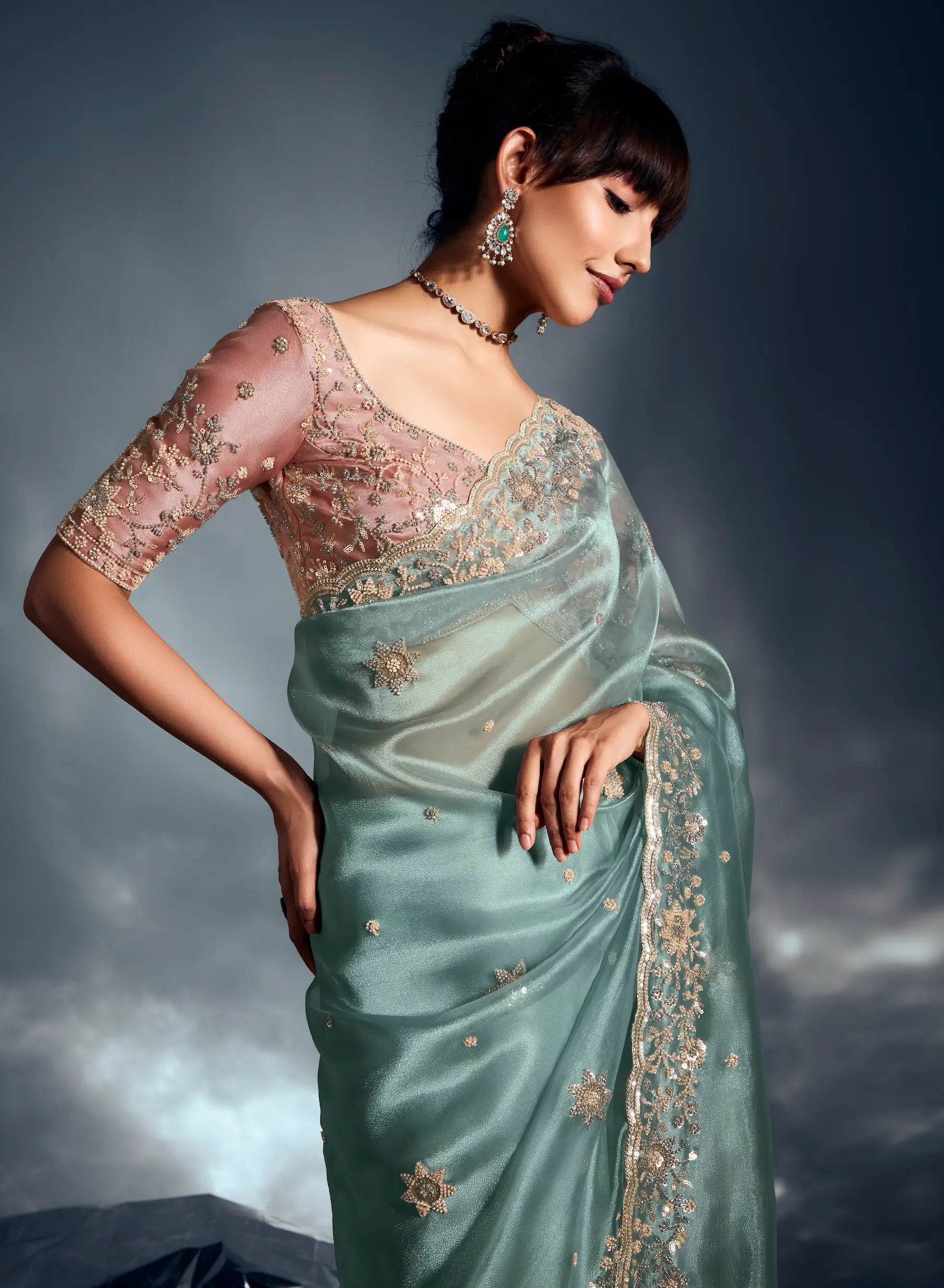 Greyish Teal Organza Tissue Khatli Work Saree - qivii