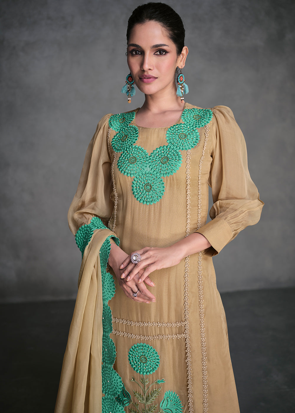 Camel Brown Organza Silk Salwar Suit - qivii