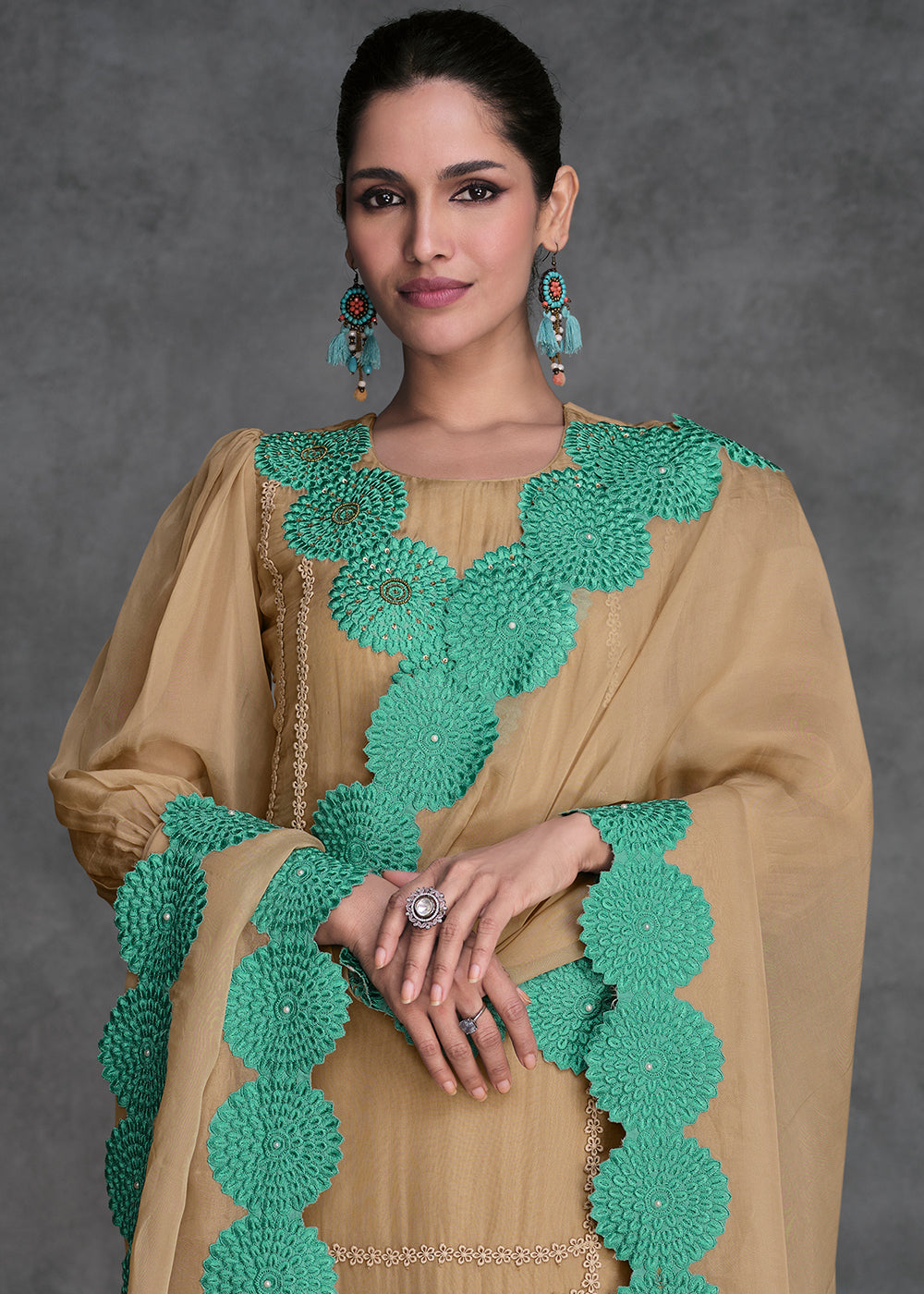 Camel Brown Organza Silk Salwar Suit - qivii