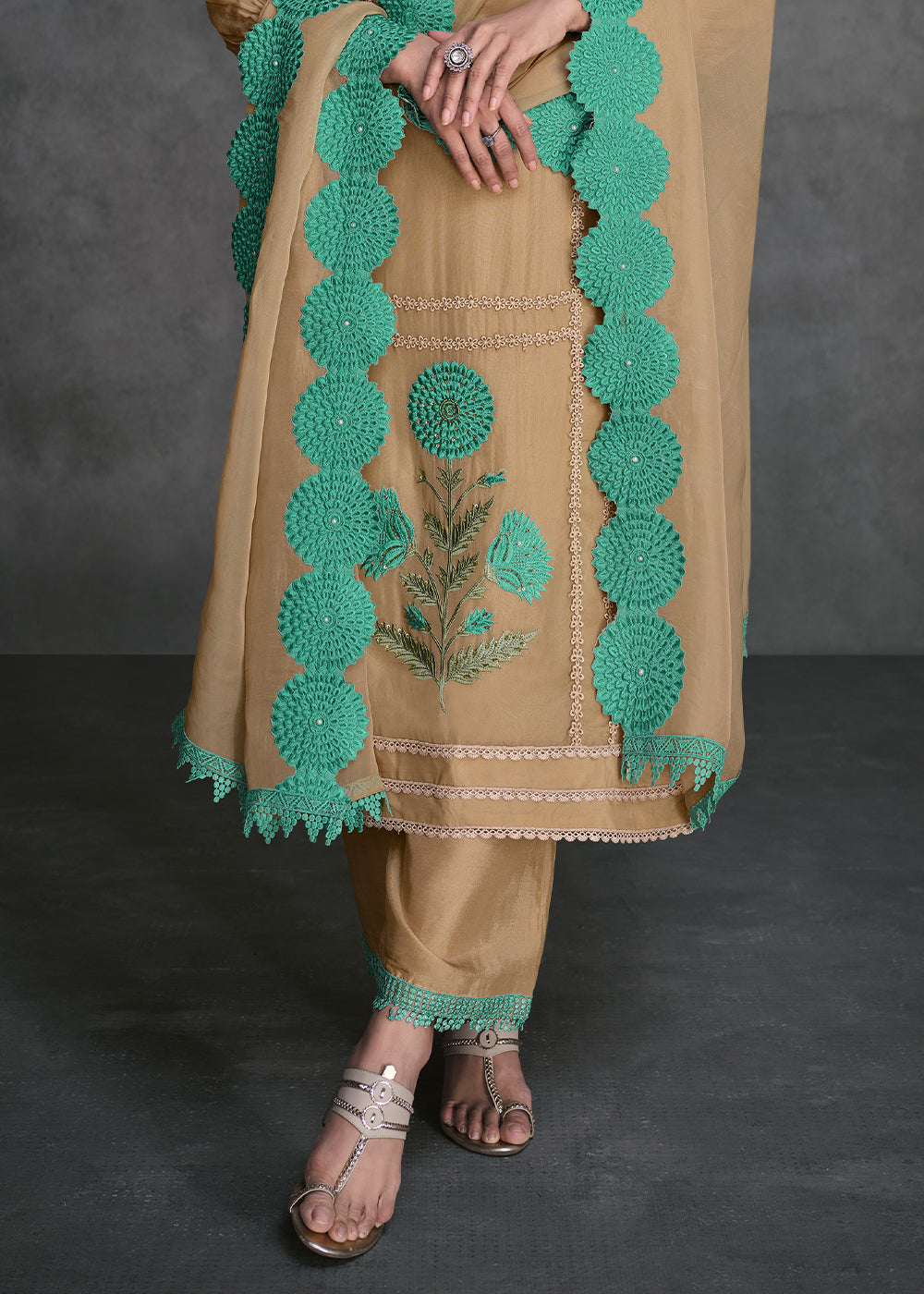 Camel Brown Organza Silk Salwar Suit - qivii