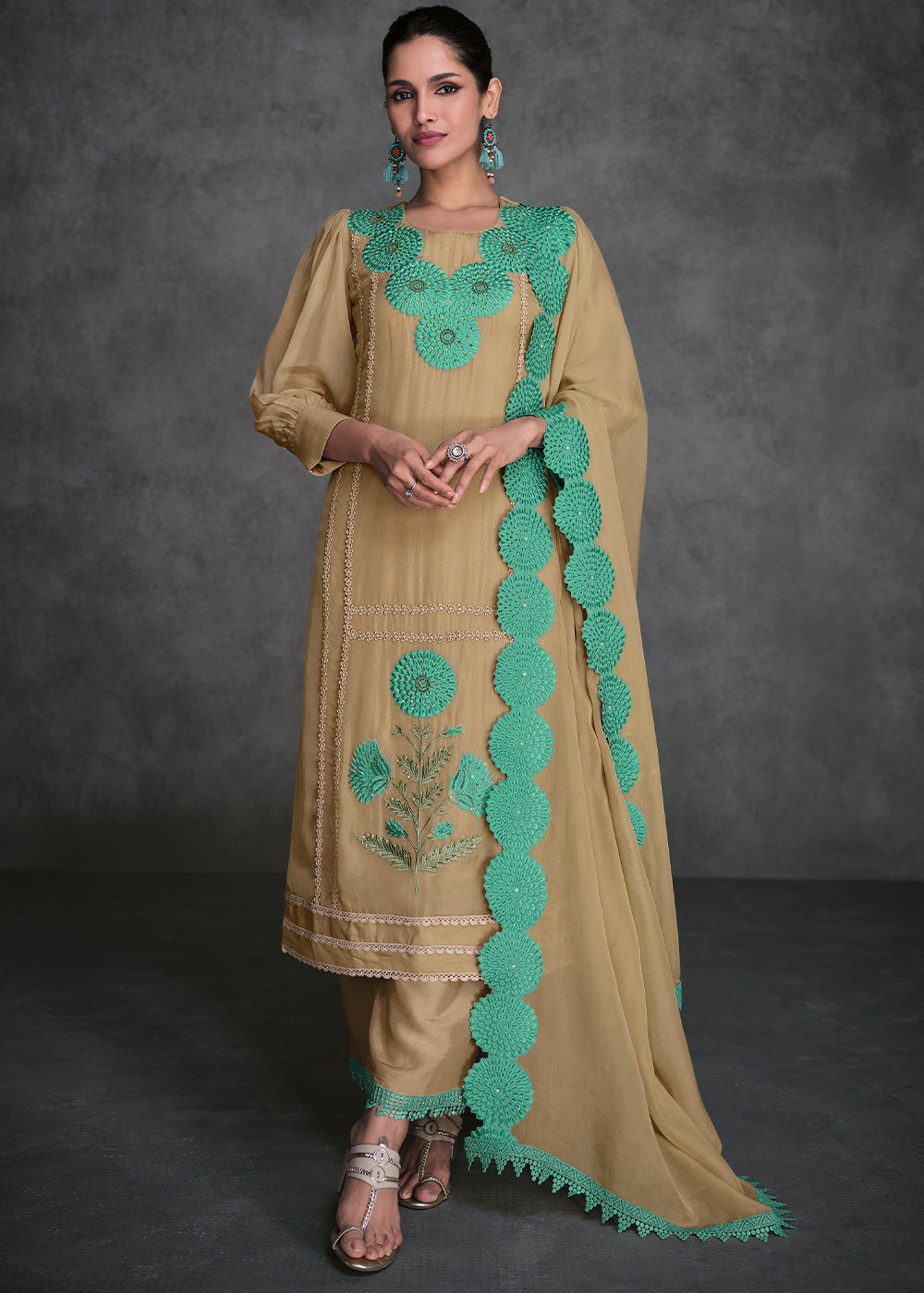 Camel Brown Organza Silk Salwar Suit - qivii