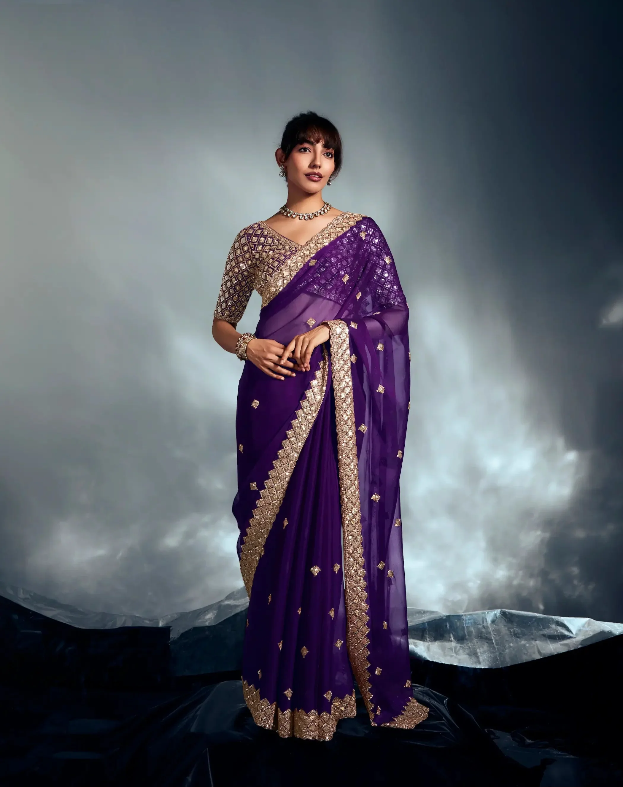 Dark Purple Organza Tissue Khatli Work Saree - qivii