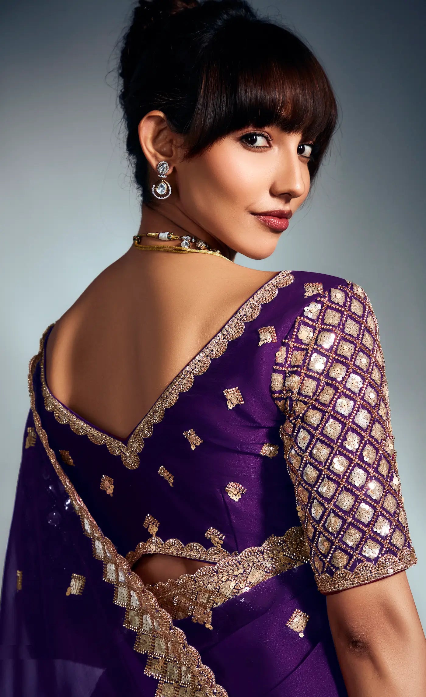 Dark Purple Organza Tissue Khatli Work Saree - qivii