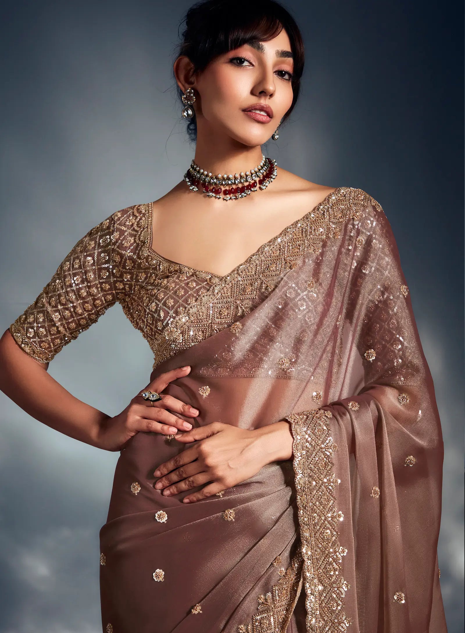 Coffee brown Organza Tissue Khatli Work Saree - qivii