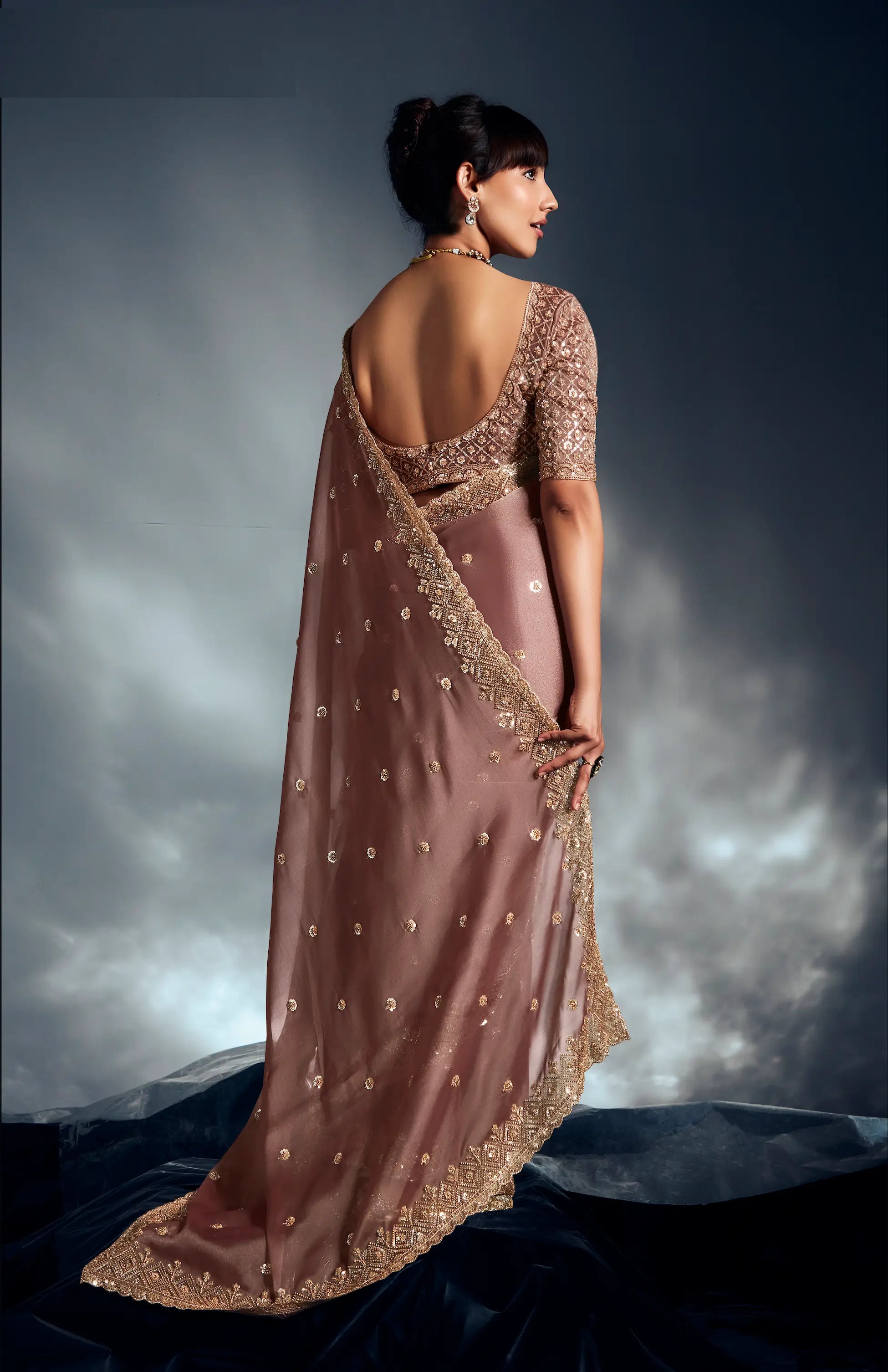 Coffee brown Organza Tissue Khatli Work Saree - qivii