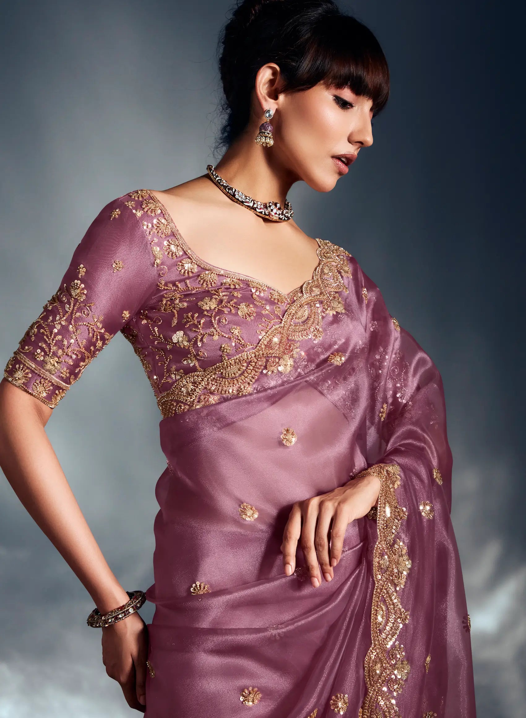 Turkish Rose Organza Tissue Khatli Work Saree - qivii