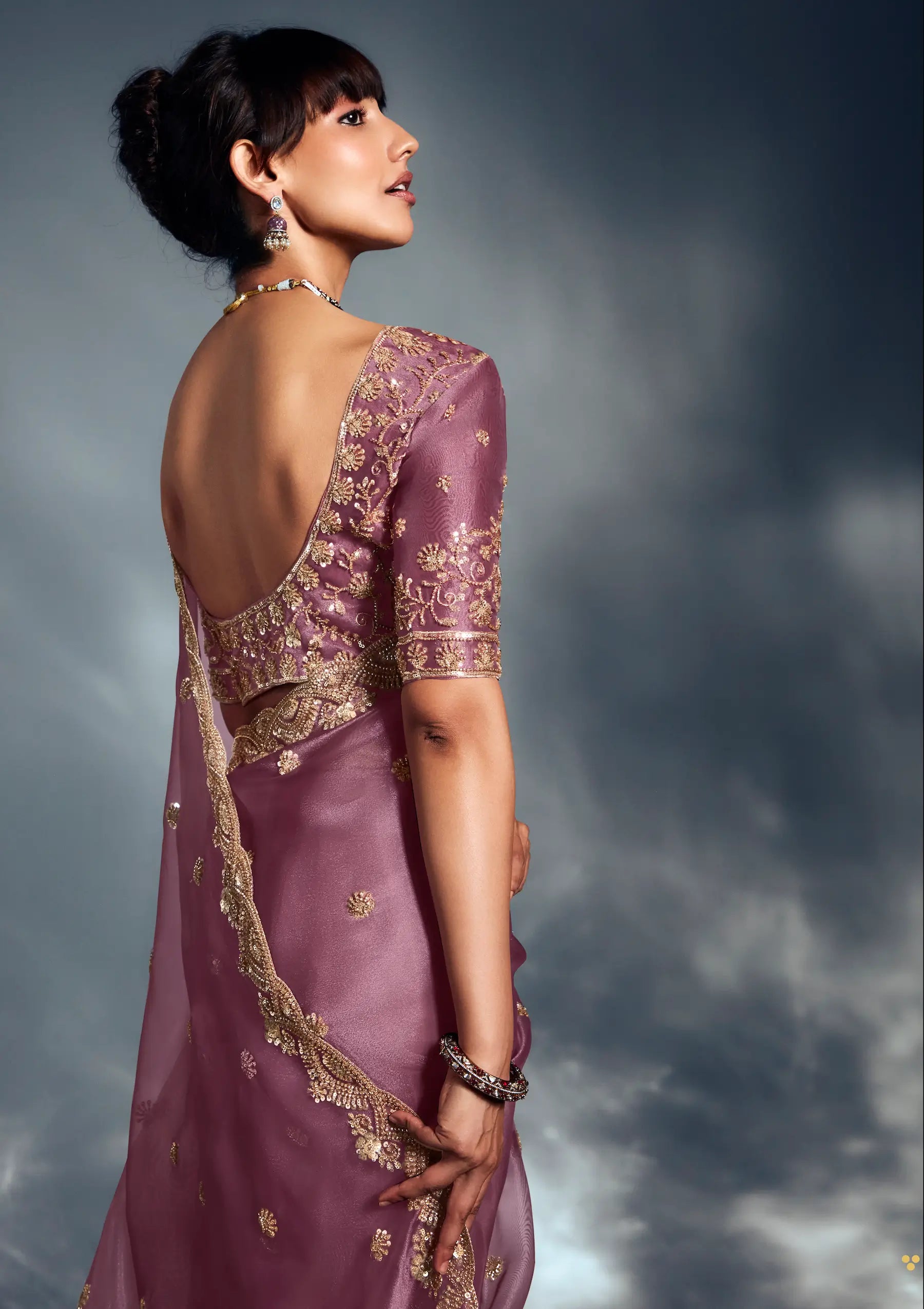 Turkish Rose Organza Tissue Khatli Work Saree - qivii