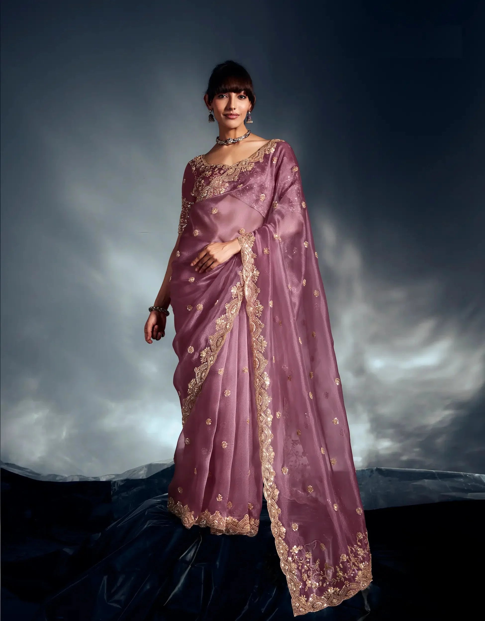 Turkish Rose Organza Tissue Khatli Work Saree - qivii
