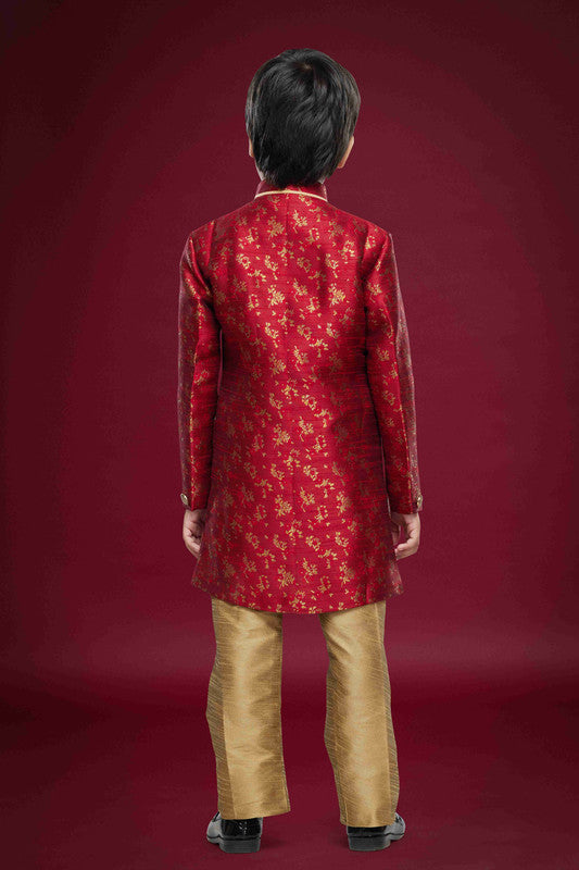 Boy's Maroon Banarasi Jacquard Woven Work Indo Western Set