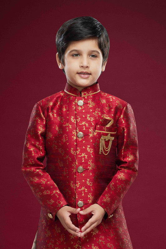 Boy's Maroon Banarasi Jacquard Woven Work Indo Western Set