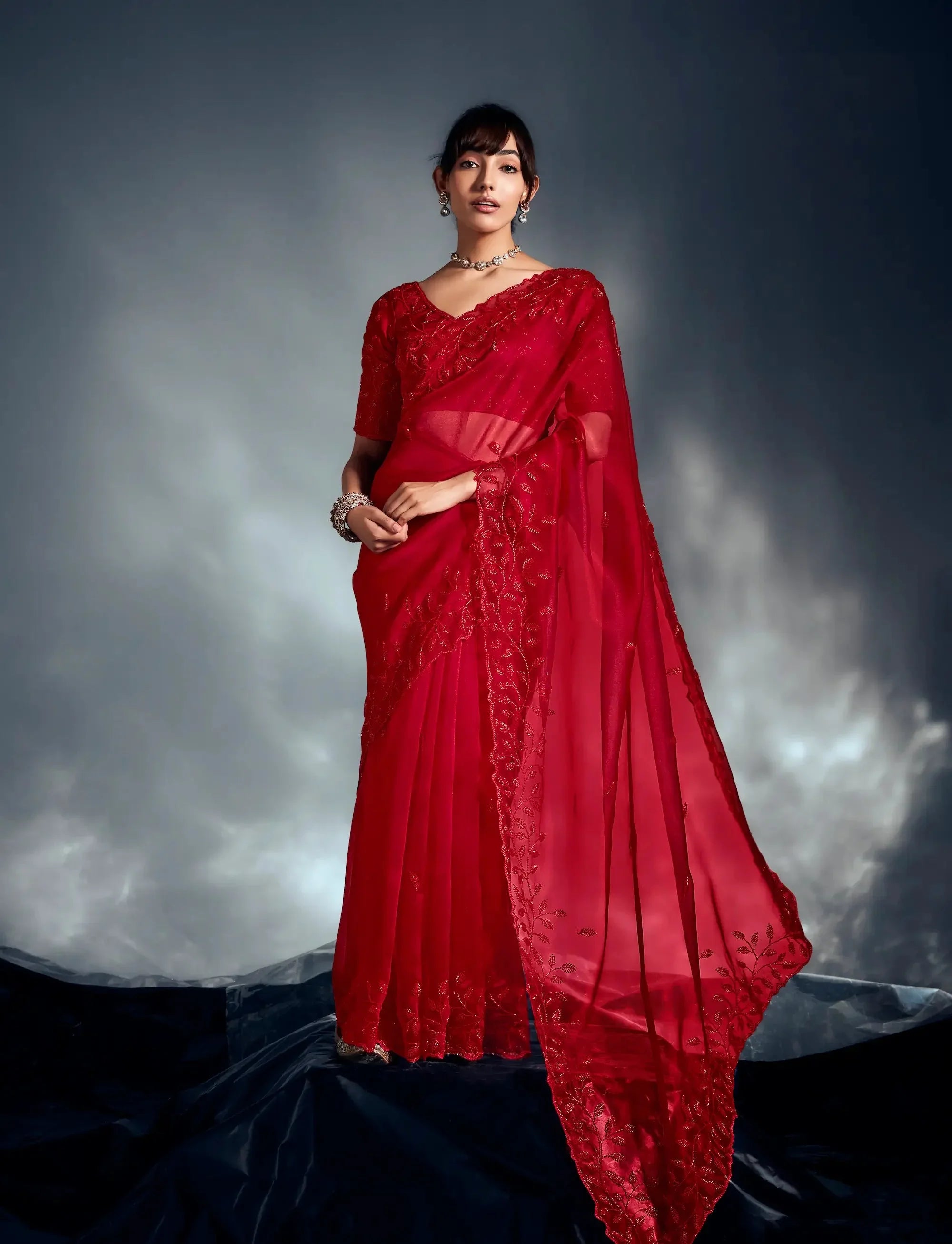 Hot Red Organza Tissue Khatli Work Saree - qivii