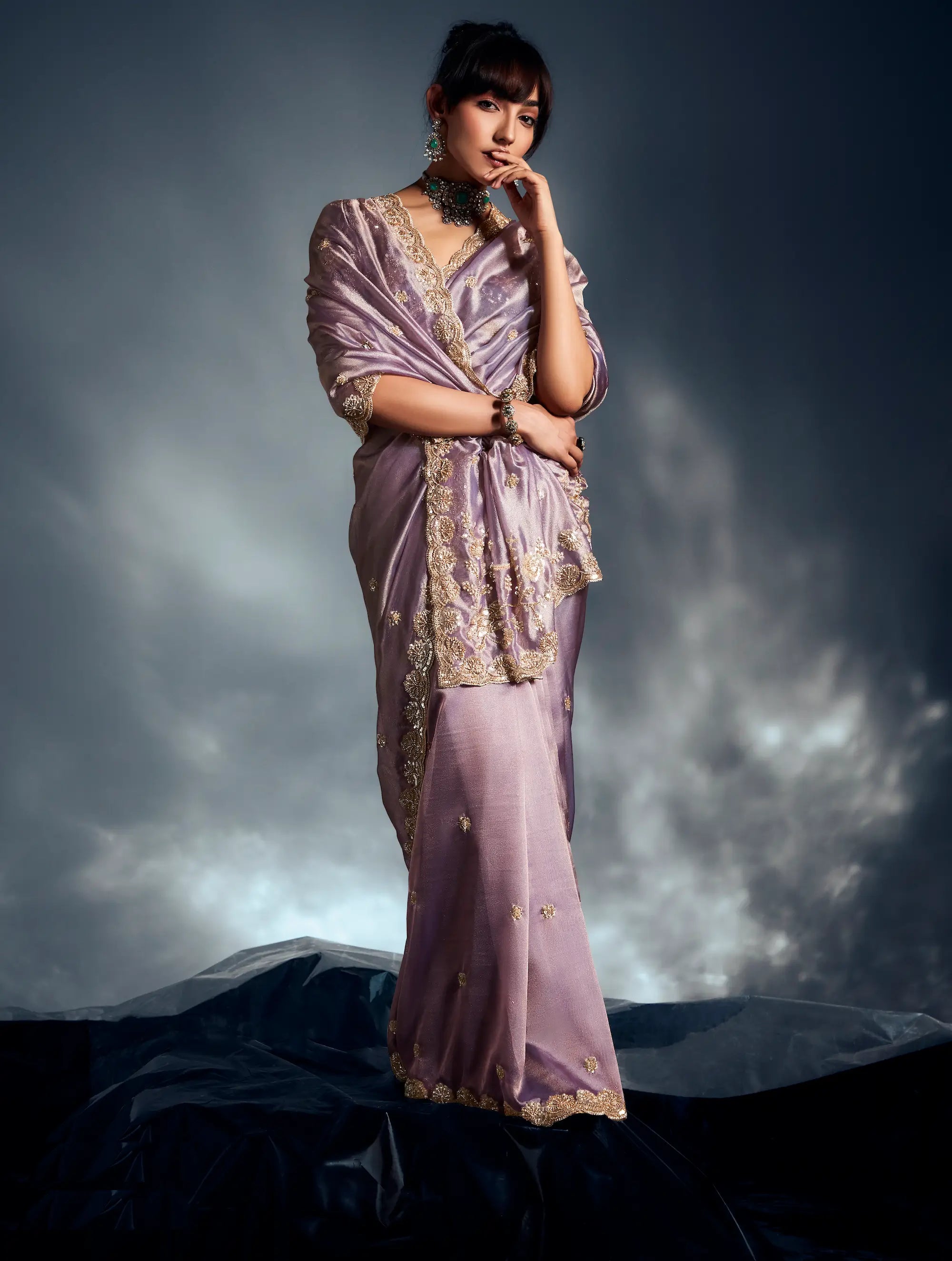 Lavender Organza Tissue Khatli Work Saree - qivii